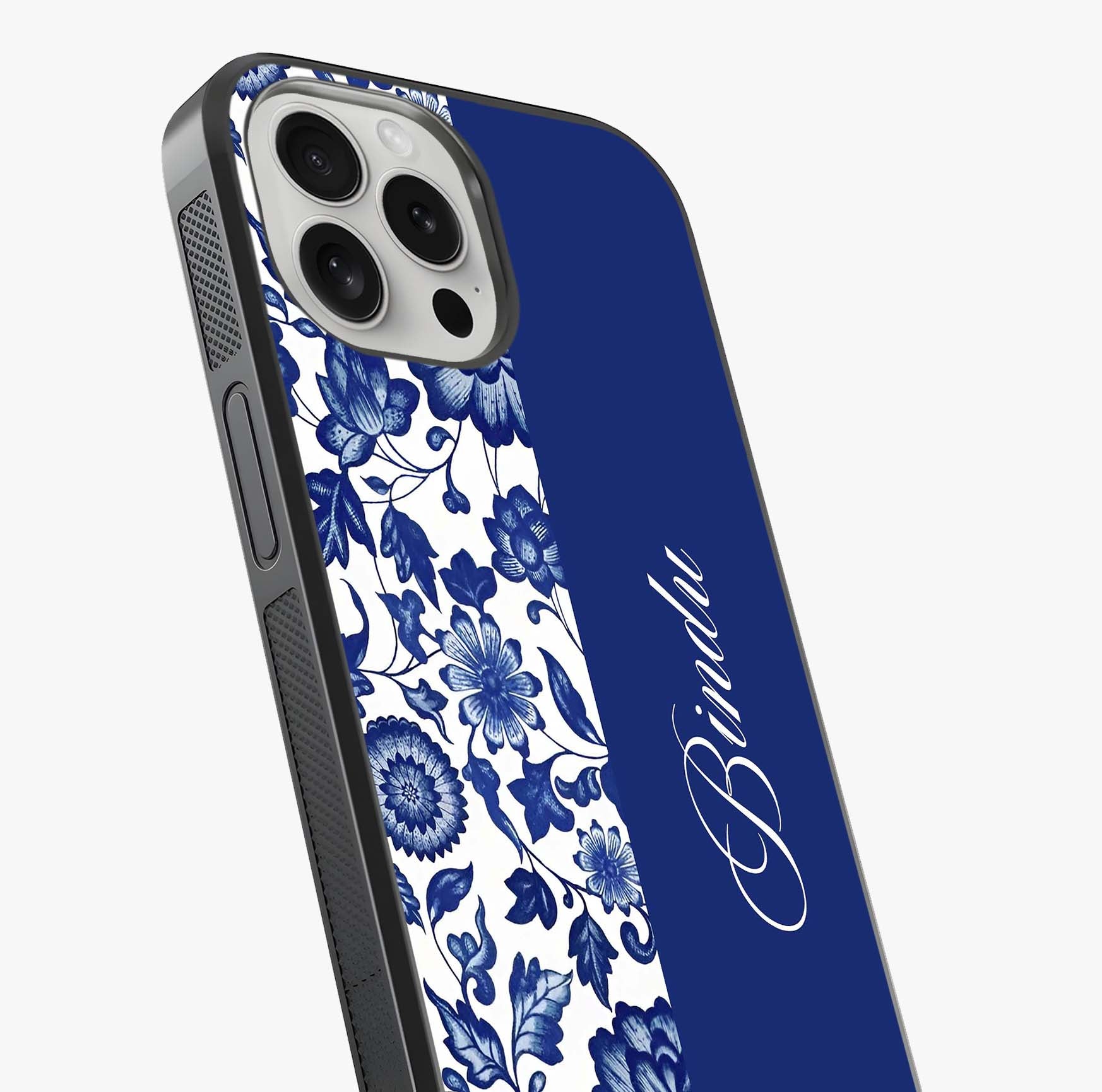 Blue Vintage Floral Pattern Glass Case captured at a warm angle highlighting gloss, texture and premium glass finish.