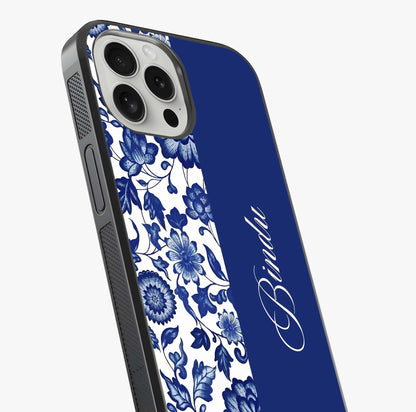 Blue Vintage Floral Pattern Glass Case captured at a warm angle highlighting gloss, texture and premium glass finish.