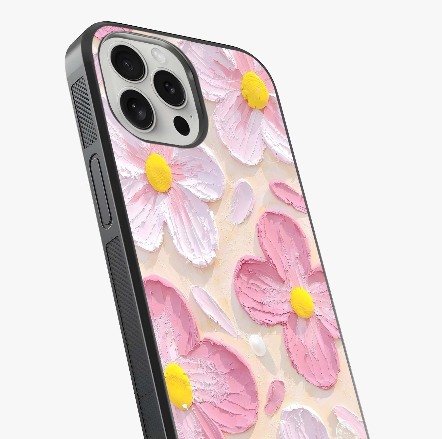Blush Bloom Texture Glass Case captured at a warm angle highlighting gloss, texture and premium glass finish.