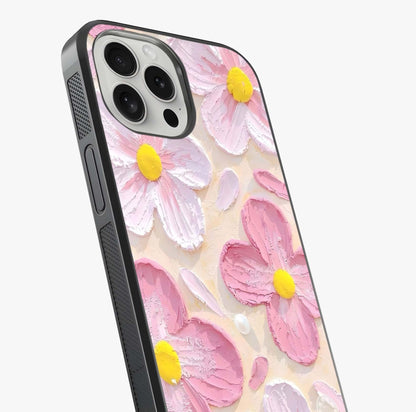 Blush Bloom Texture Glass Case captured at a warm angle highlighting gloss, texture and premium glass finish.