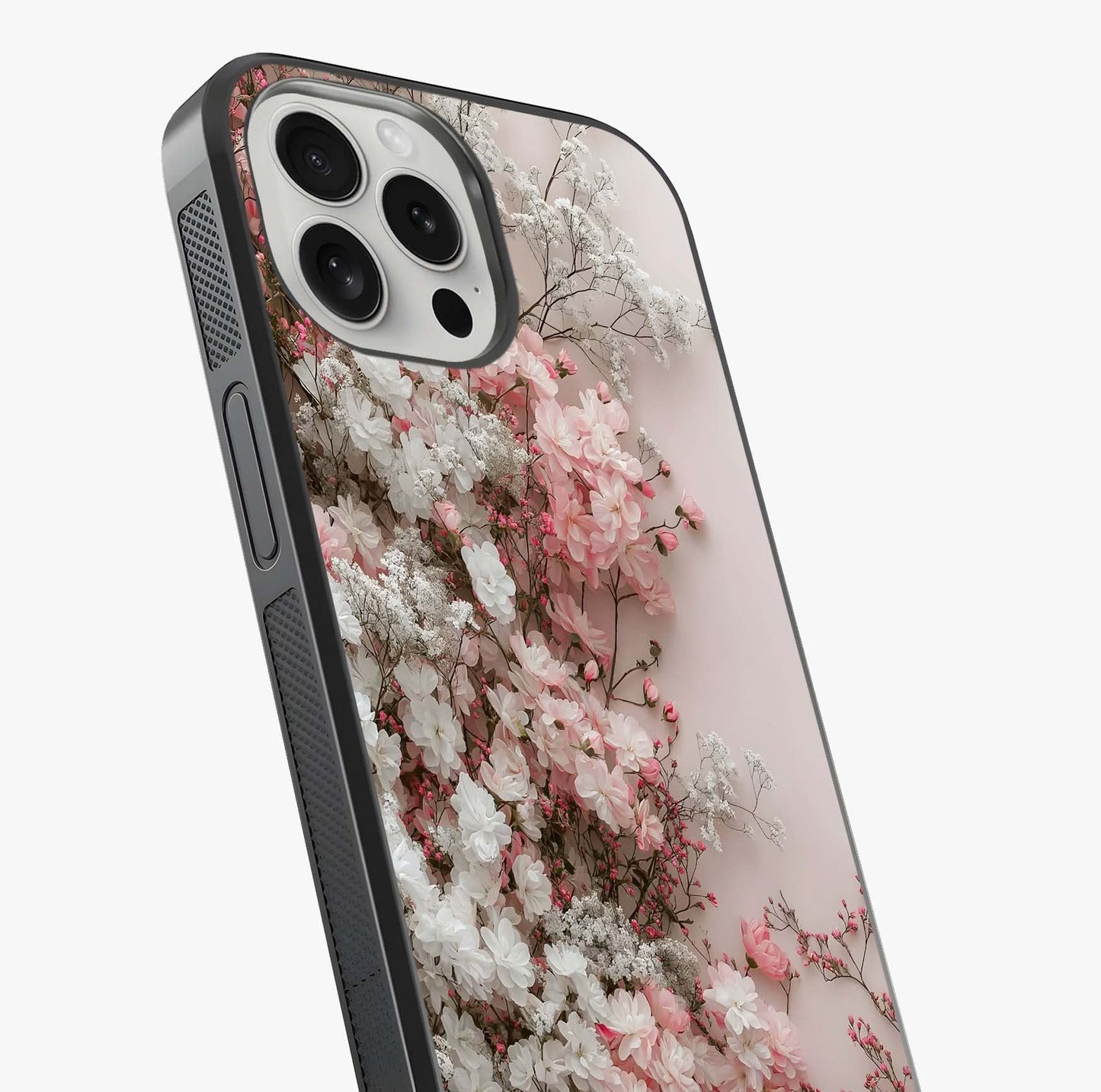 Blush Blossom Cloud Glass Case captured at a warm angle highlighting gloss, texture and premium glass finish.