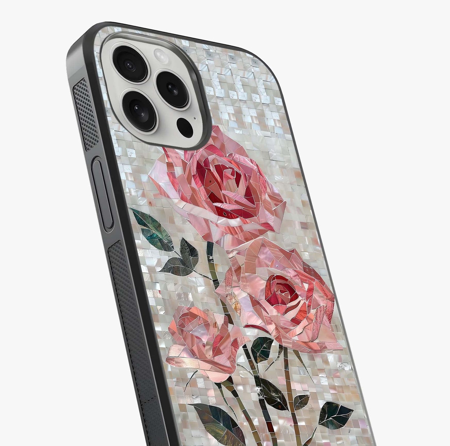 Blush Mosaic Bloom Glass Case captured at a warm angle highlighting gloss, texture and premium glass finish.