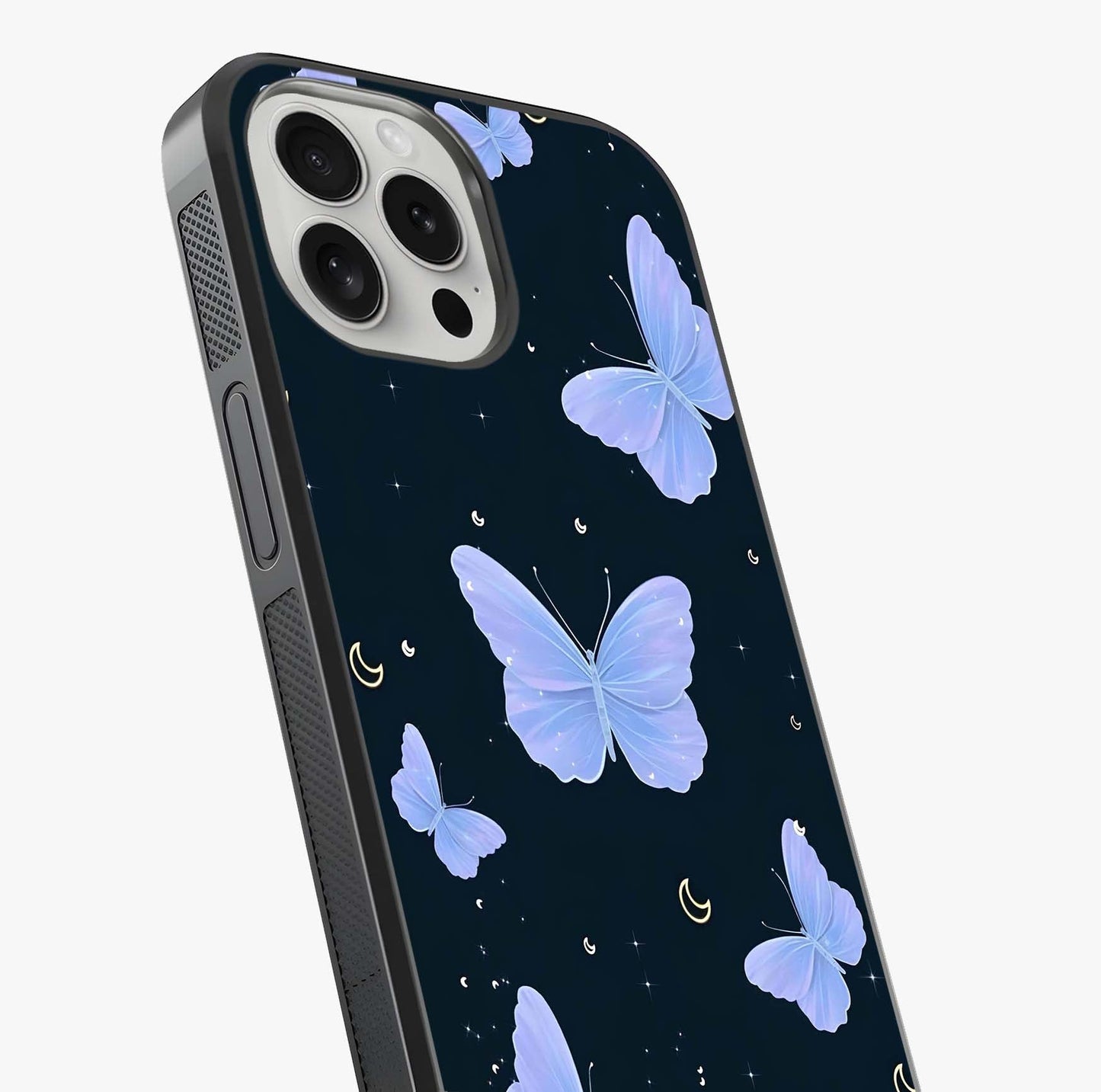 Butterfly With Stars Pattern Glass Case captured at a warm angle highlighting gloss, texture and premium glass finish.