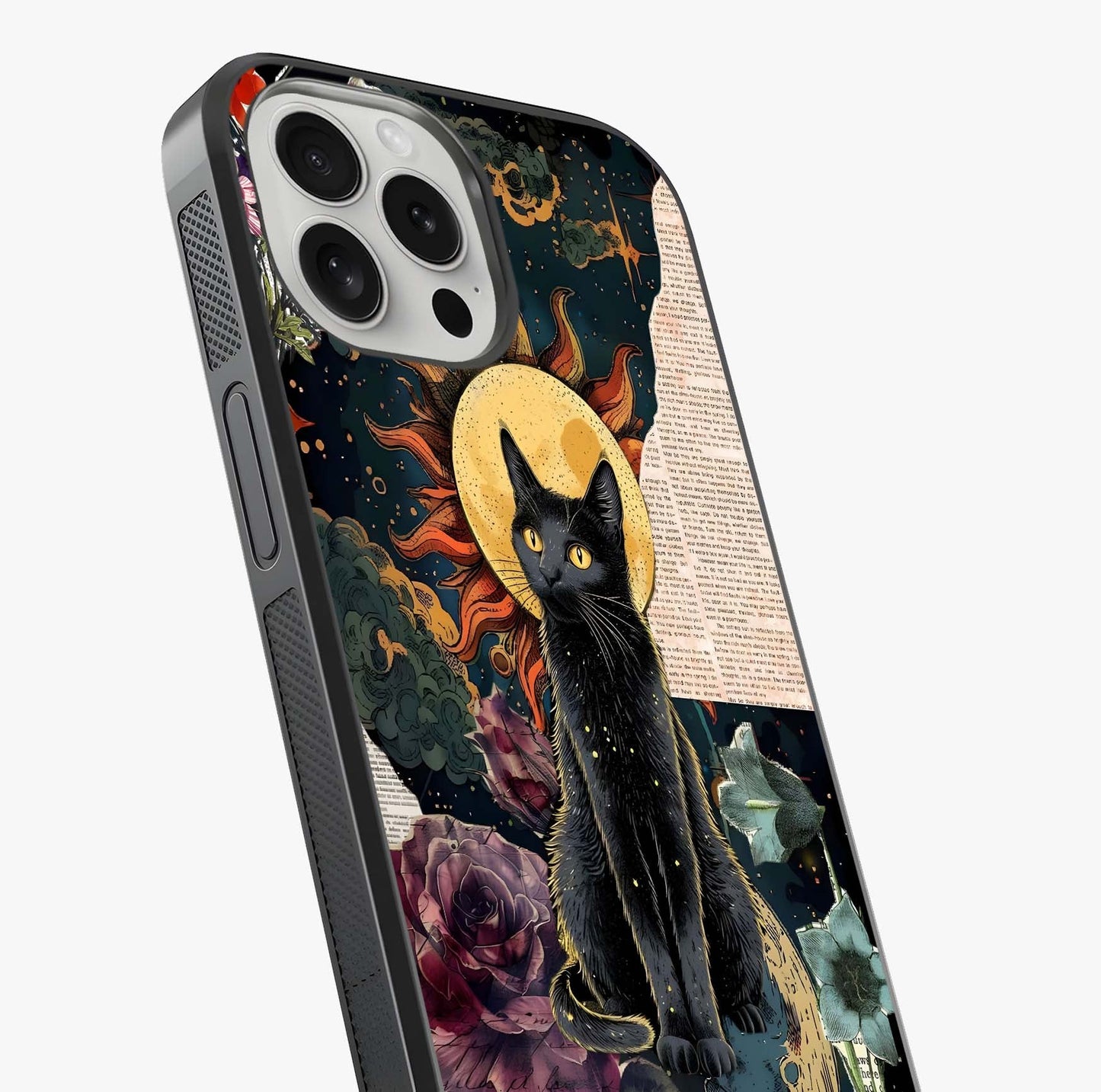 Celestial Black Cat Glass Case captured at a warm angle highlighting gloss, texture and premium glass finish.