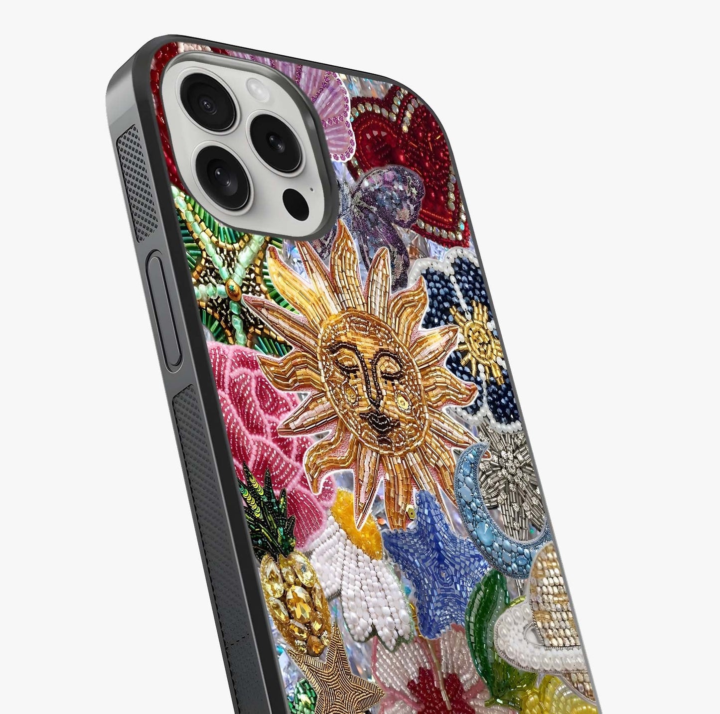 Celestial Floral And Playful Glass Case captured at a warm angle highlighting gloss, texture and premium glass finish.