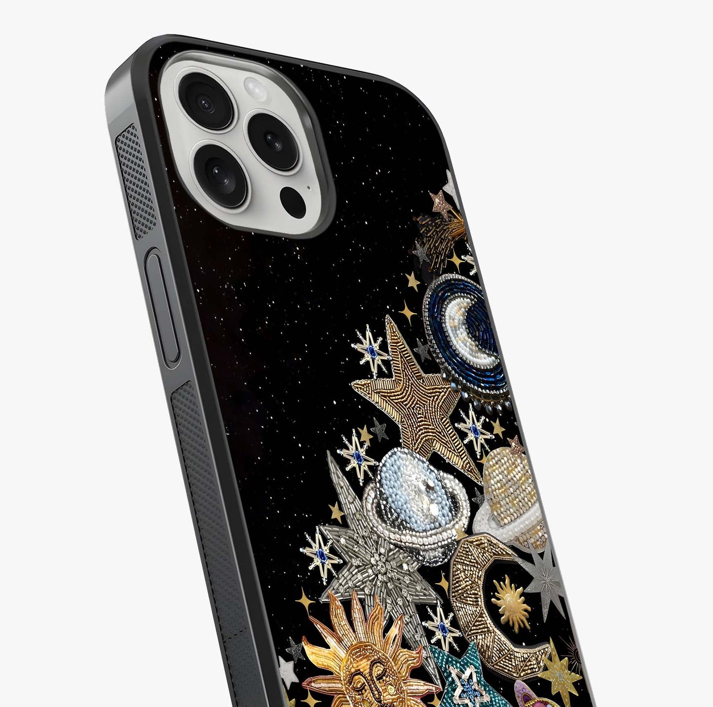 Cosmic Sparkle Dreams Glass Case captured at a warm angle highlighting gloss, texture and premium glass finish.