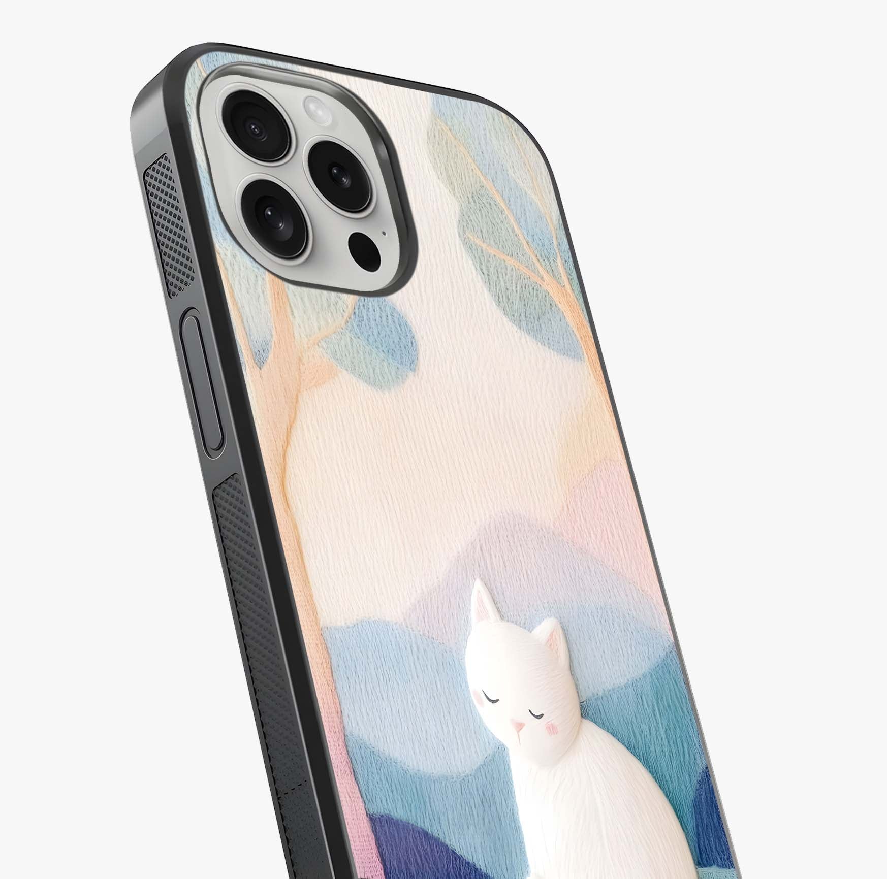 Cotton Dream Cat Glass Case captured at a warm angle highlighting gloss, texture and premium glass finish.
