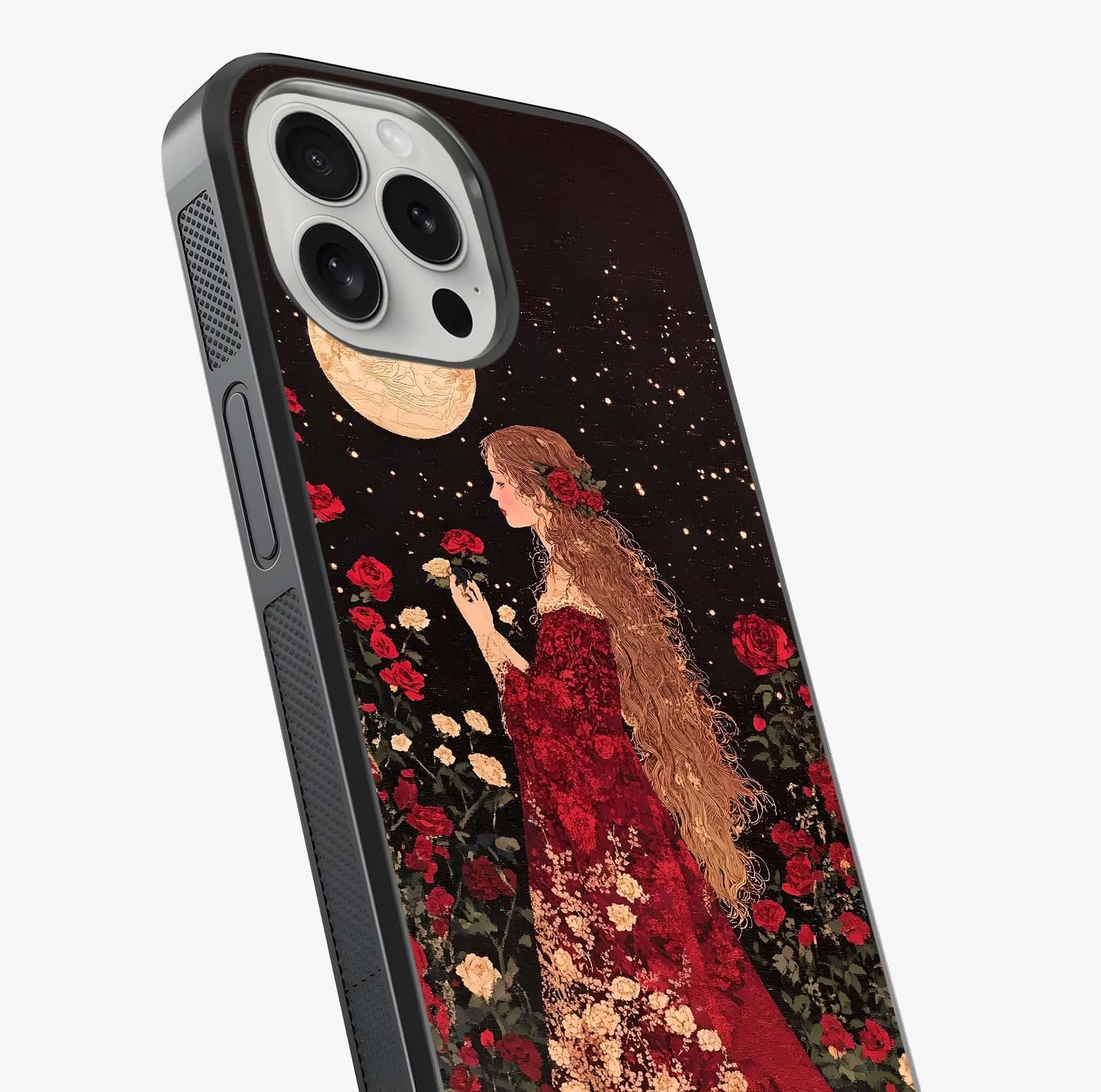 Crimson Dreams Glass Case captured at a warm angle highlighting gloss, texture and premium glass finish.