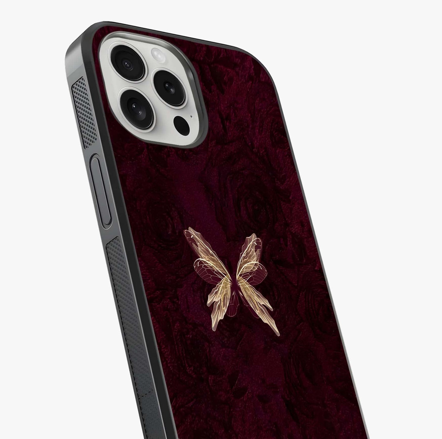 Crimson Fade Butterfly Glass Case captured at a warm angle highlighting gloss, texture and premium glass finish.