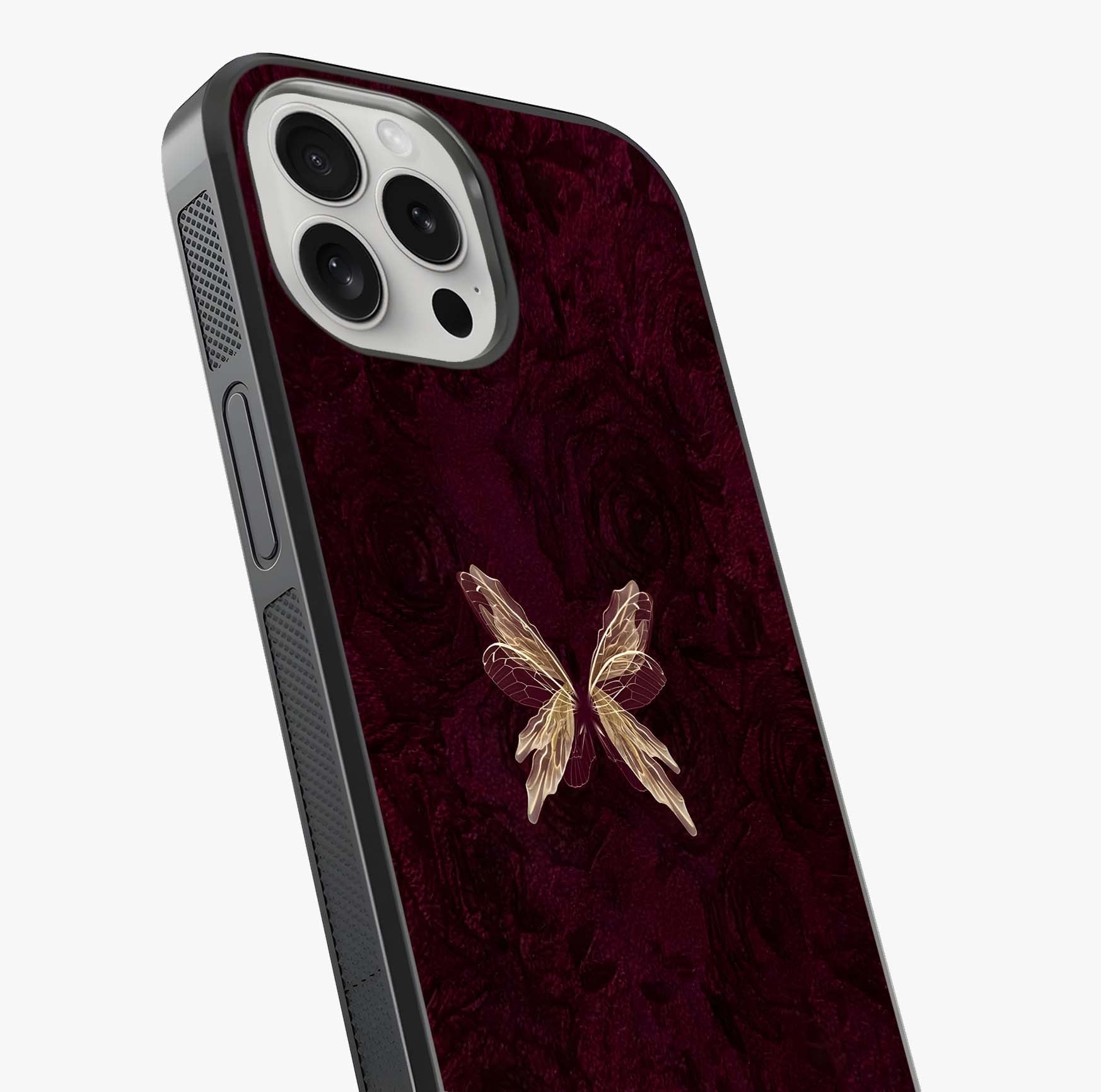 Crimson Fade Butterfly Glass Case captured at a warm angle highlighting gloss, texture and premium glass finish.