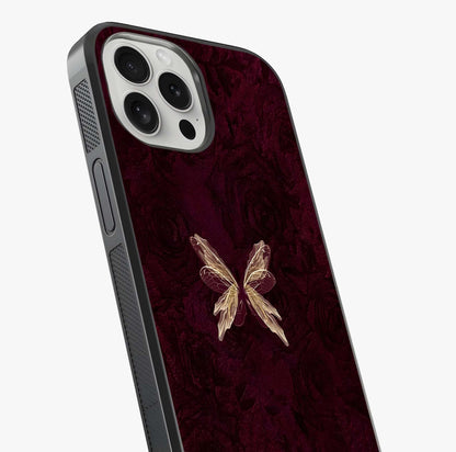 Crimson Fade Butterfly Glass Case captured at a warm angle highlighting gloss, texture and premium glass finish.