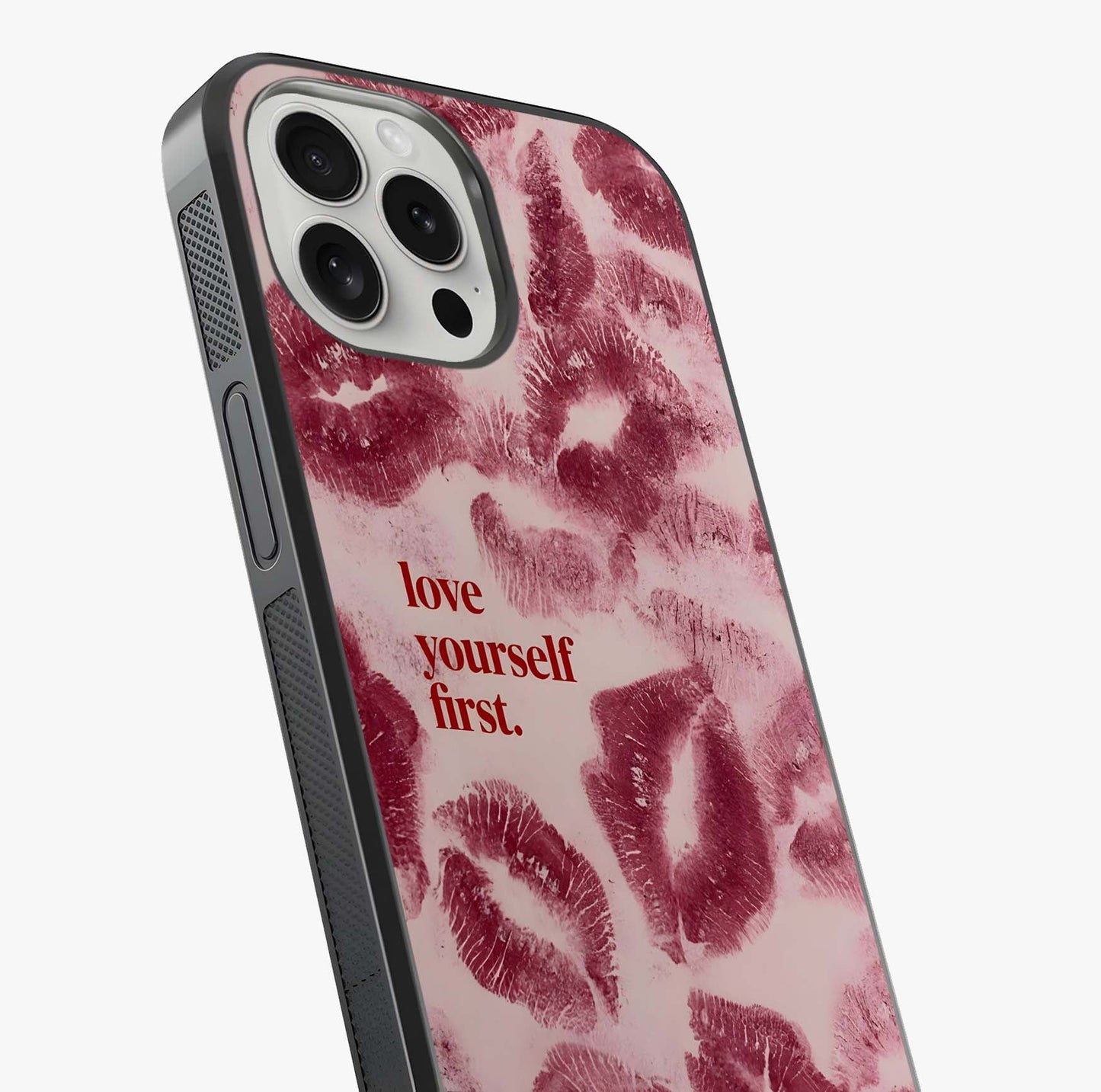 Crimson Kiss Love Glass Case captured at a warm angle highlighting gloss, texture and premium glass finish.