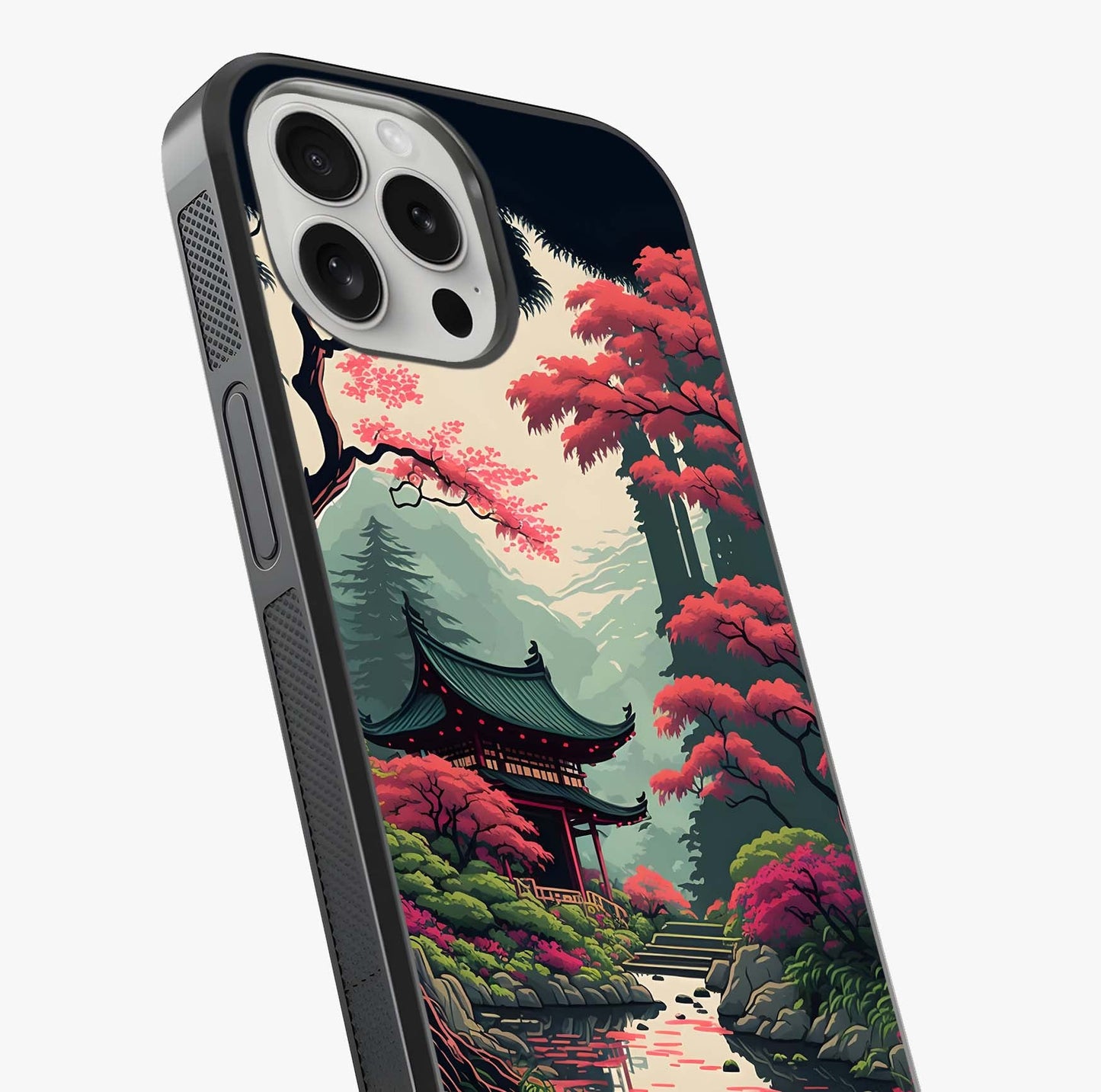 Crimson Temple View Glass Case captured at a warm angle highlighting gloss, texture and premium glass finish.