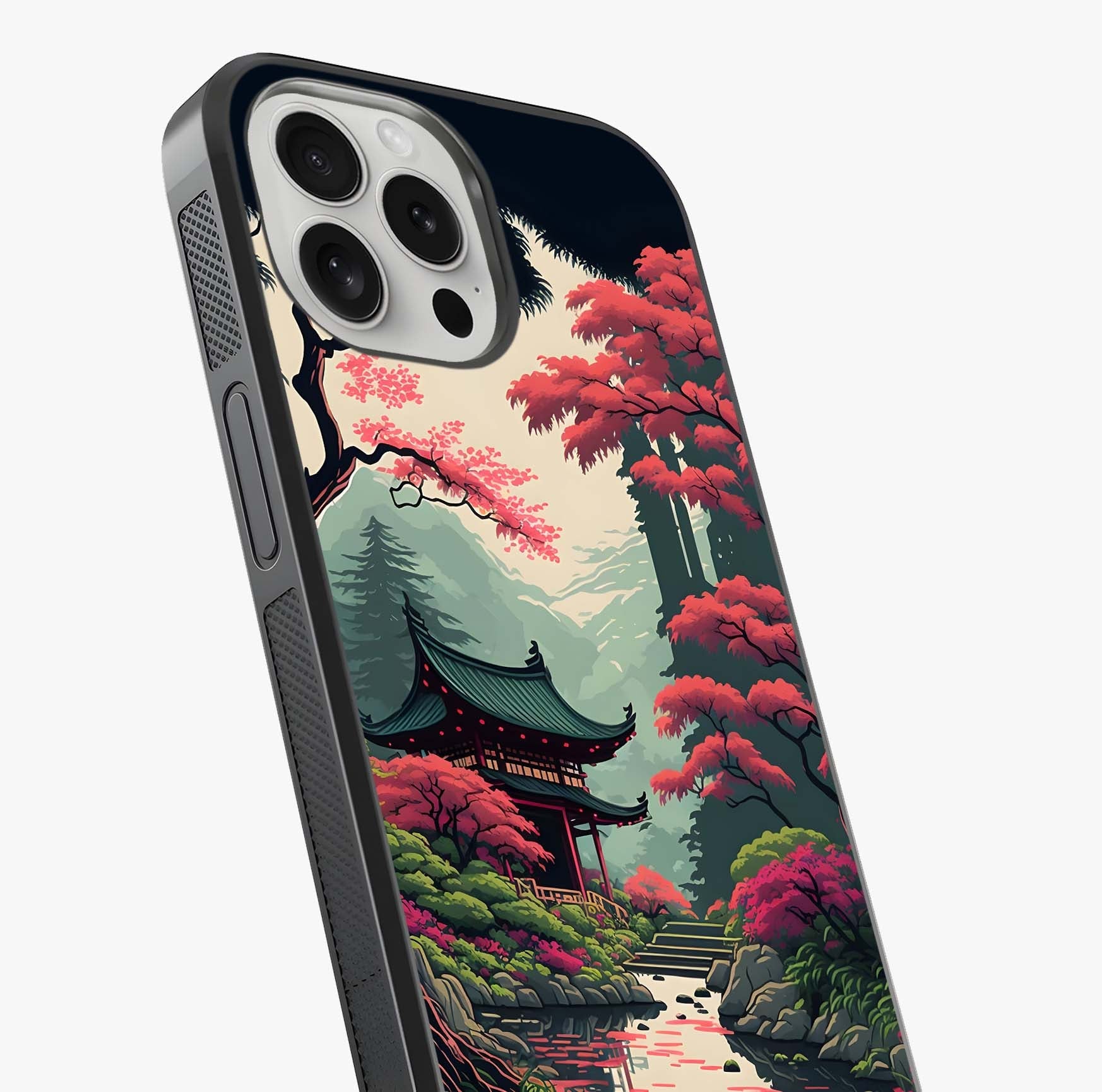 Crimson Temple View Glass Case captured at a warm angle highlighting gloss, texture and premium glass finish.