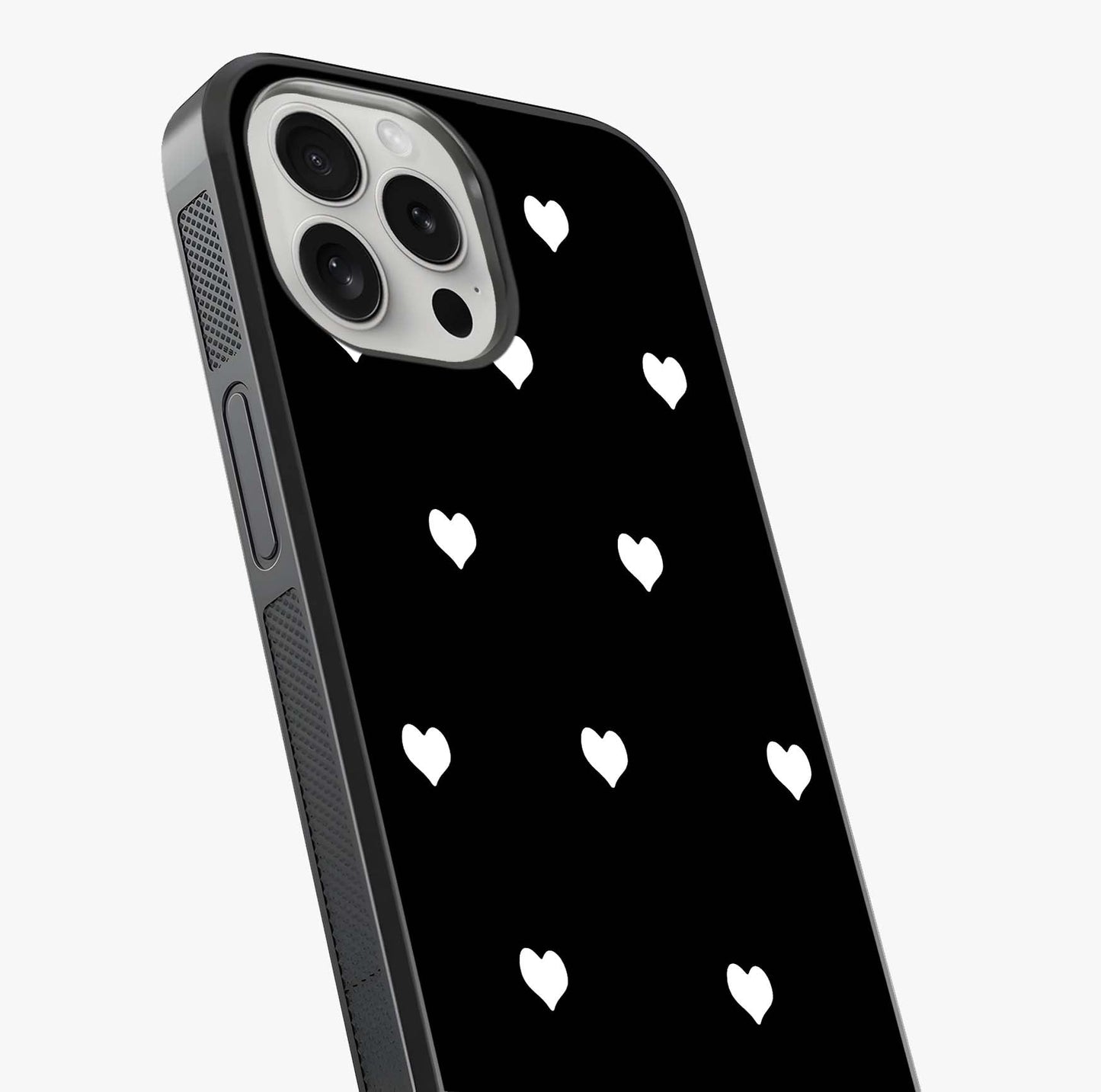Cute And Simple White Hearts Glass Case captured at a warm angle highlighting gloss, texture and premium glass finish.