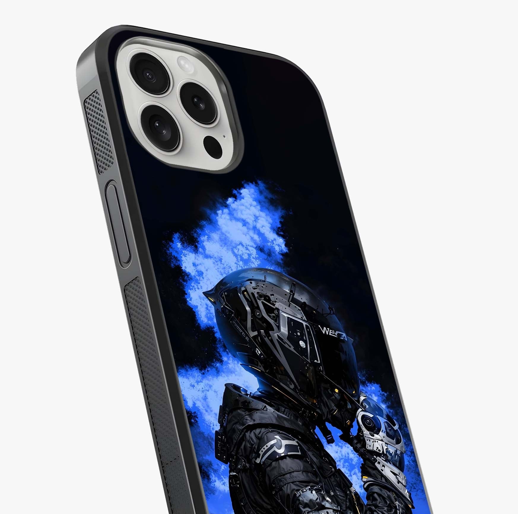 Cyber Sentinel Protocol Glass Case captured at a warm angle highlighting gloss, texture and premium glass finish.