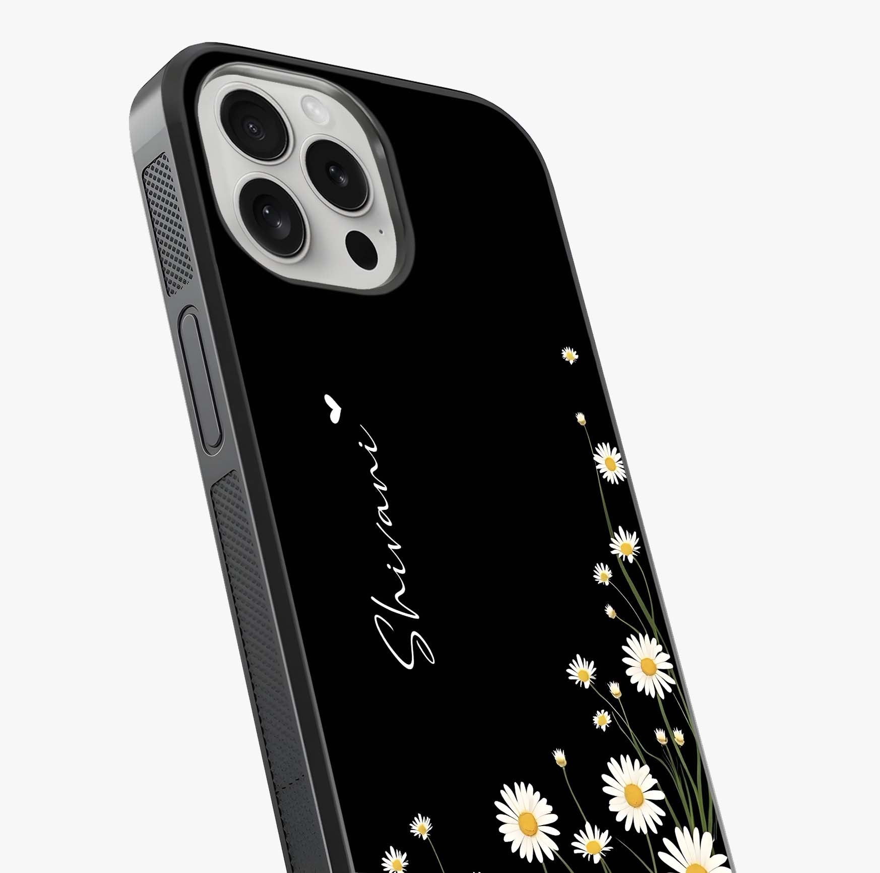 Daisy Cascade Custom Name Glass Case captured at a warm angle highlighting gloss, texture and premium glass finish.
