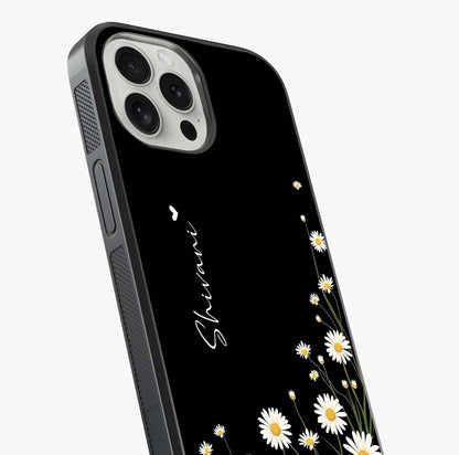 Daisy Cascade Custom Name Glass Case captured at a warm angle highlighting gloss, texture and premium glass finish.