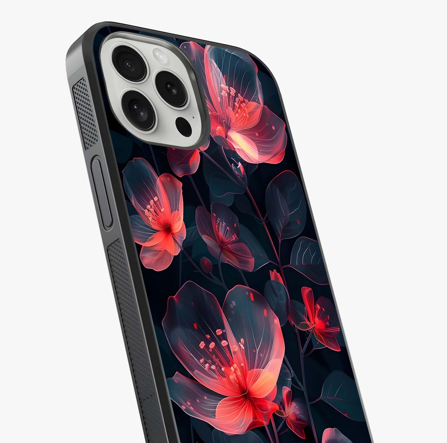 Dark Shade Of Flower Glass Case captured at a warm angle highlighting gloss, texture and premium glass finish.
