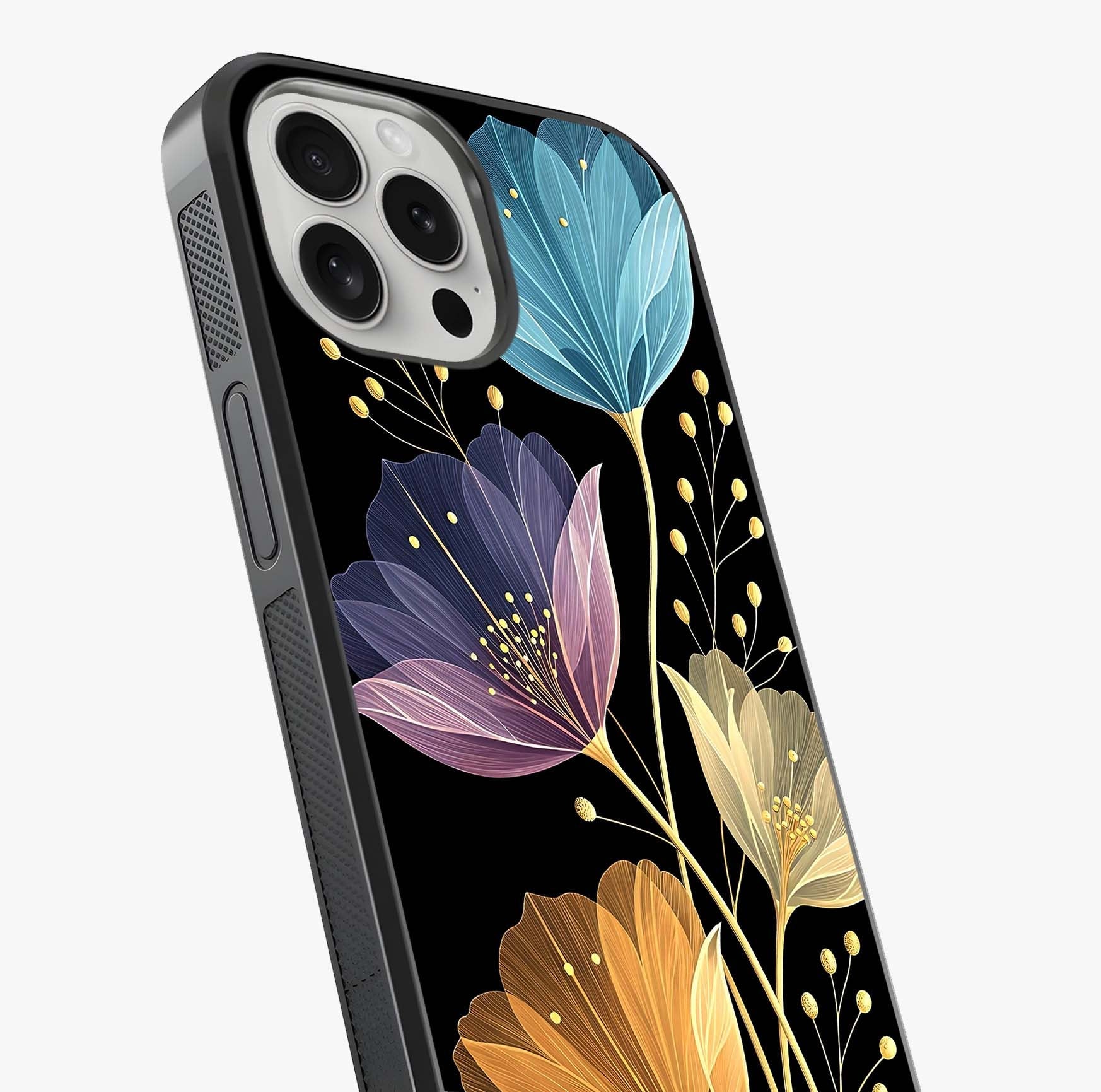 Delicate Multicolor Flowers Glass Case captured at a warm angle highlighting gloss, texture and premium glass finish.