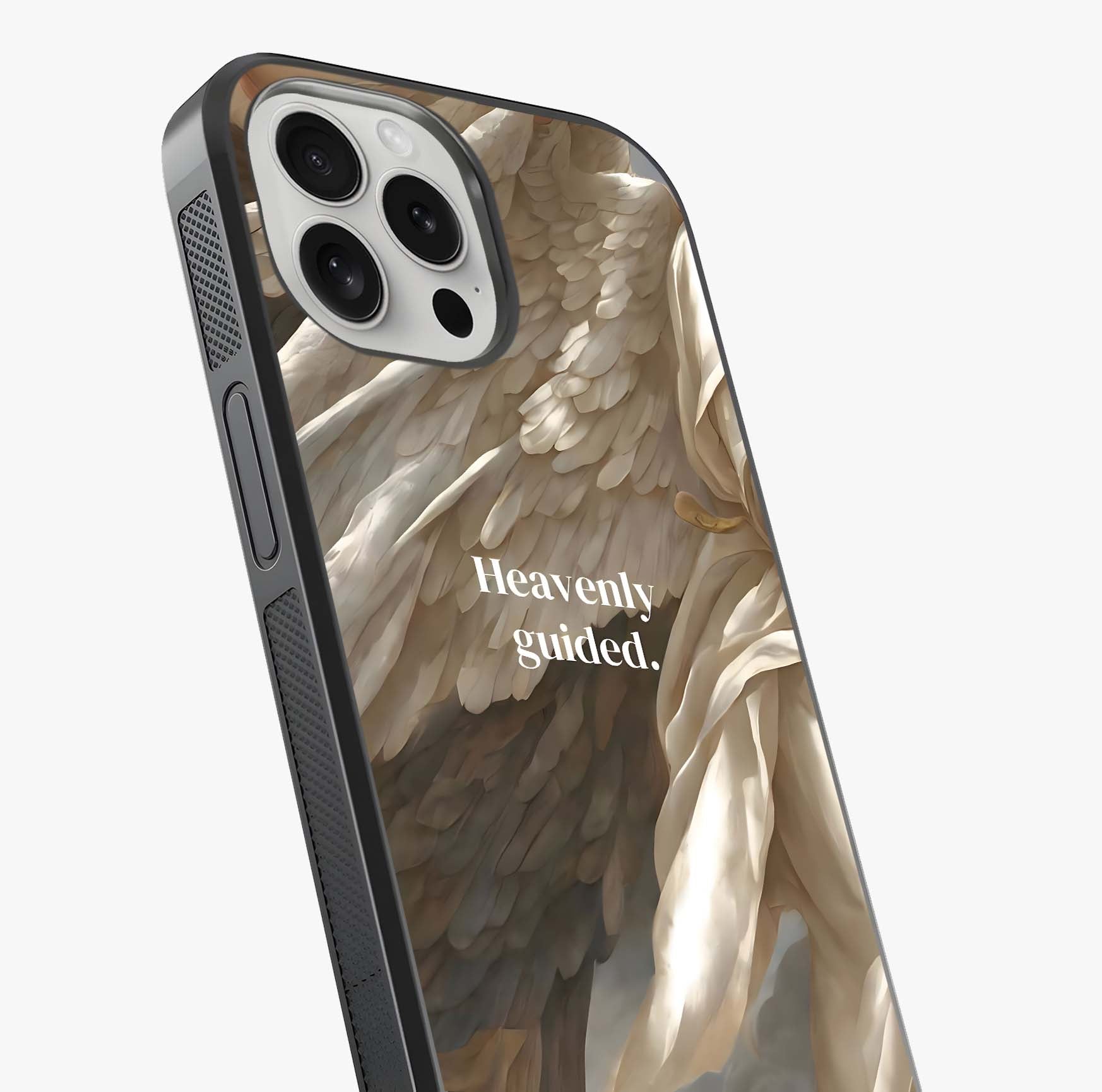 Divine Winged Grace Glass Case captured at a warm angle highlighting gloss, texture and premium glass finish.