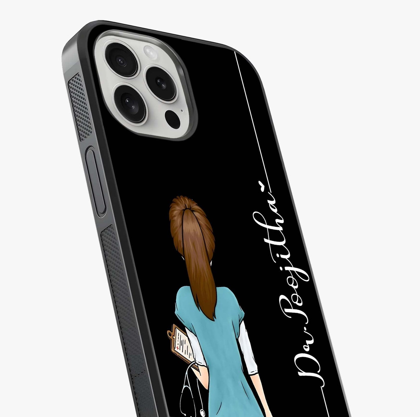 Doctor Pattern Custom Name Glass Case captured at a warm angle highlighting gloss, texture and premium glass finish.