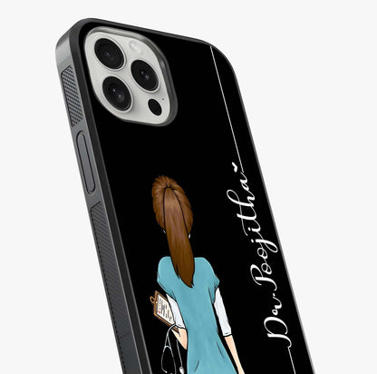 Doctor Pattern Custom Name Glass Case captured at a warm angle highlighting gloss, texture and premium glass finish.