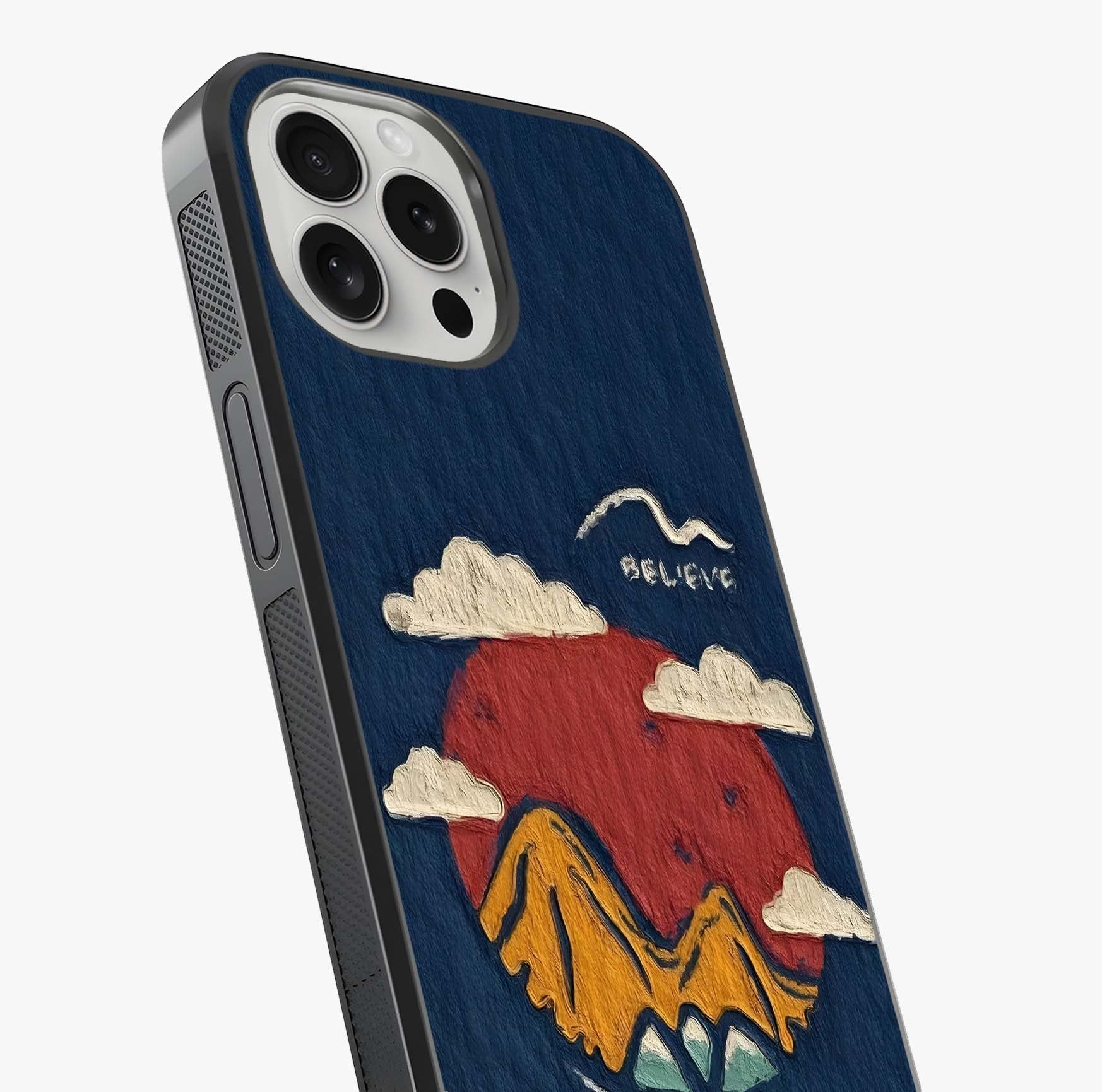 Dream Beyond Mountains Glass Case captured at a warm angle highlighting gloss, texture and premium glass finish.