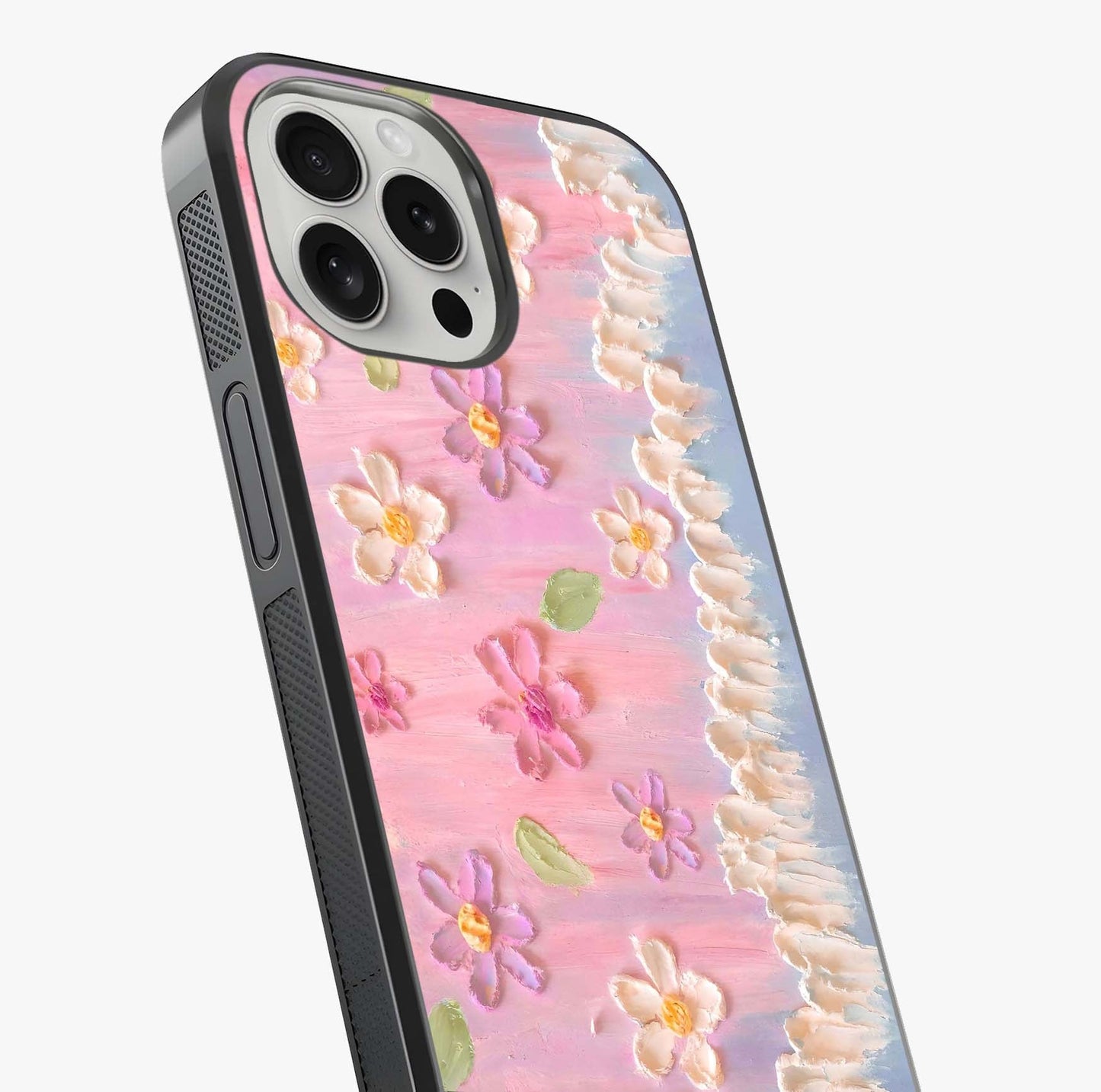 Dreamy Painted Garden Glass Case captured at a warm angle highlighting gloss, texture and premium glass finish.