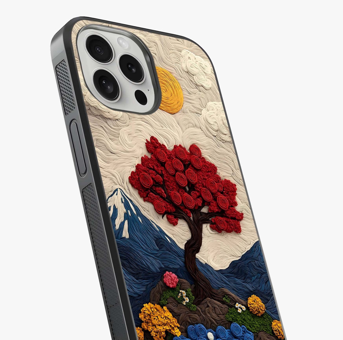 Eternal Nature Tapestry Glass Case captured at a warm angle highlighting gloss, texture and premium glass finish.