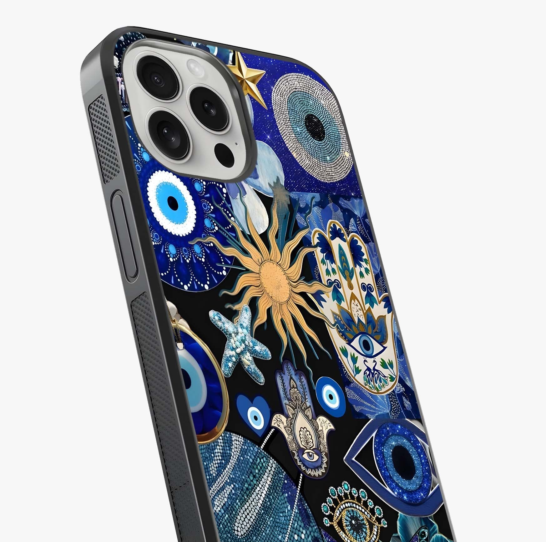 Evil Eye Charm Mix Glass Case captured at a warm angle highlighting gloss, texture and premium glass finish.