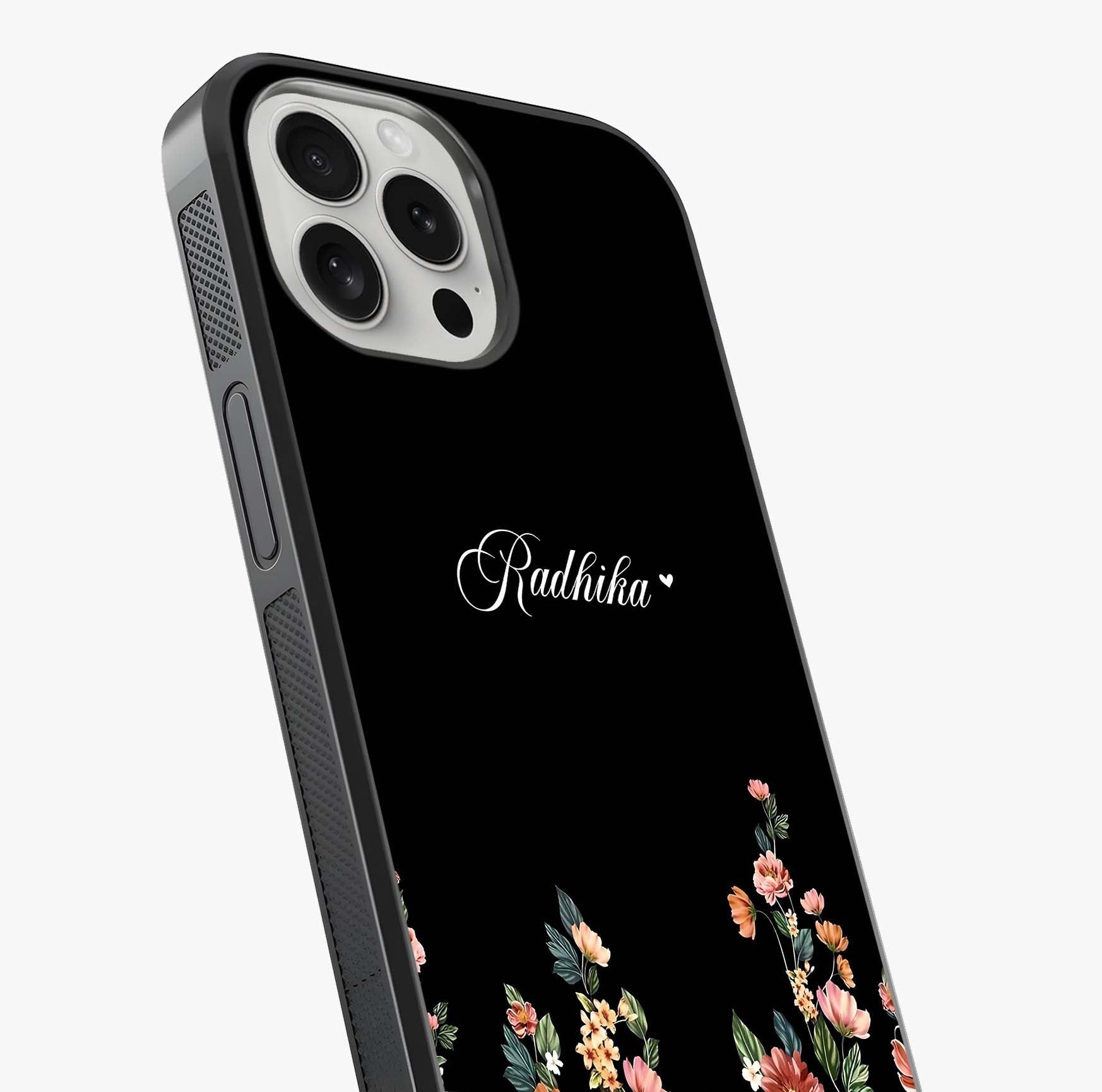 Floral Design With A Custom Personalized Name Glass Case captured at a warm angle highlighting gloss, texture and premium glass finish.
