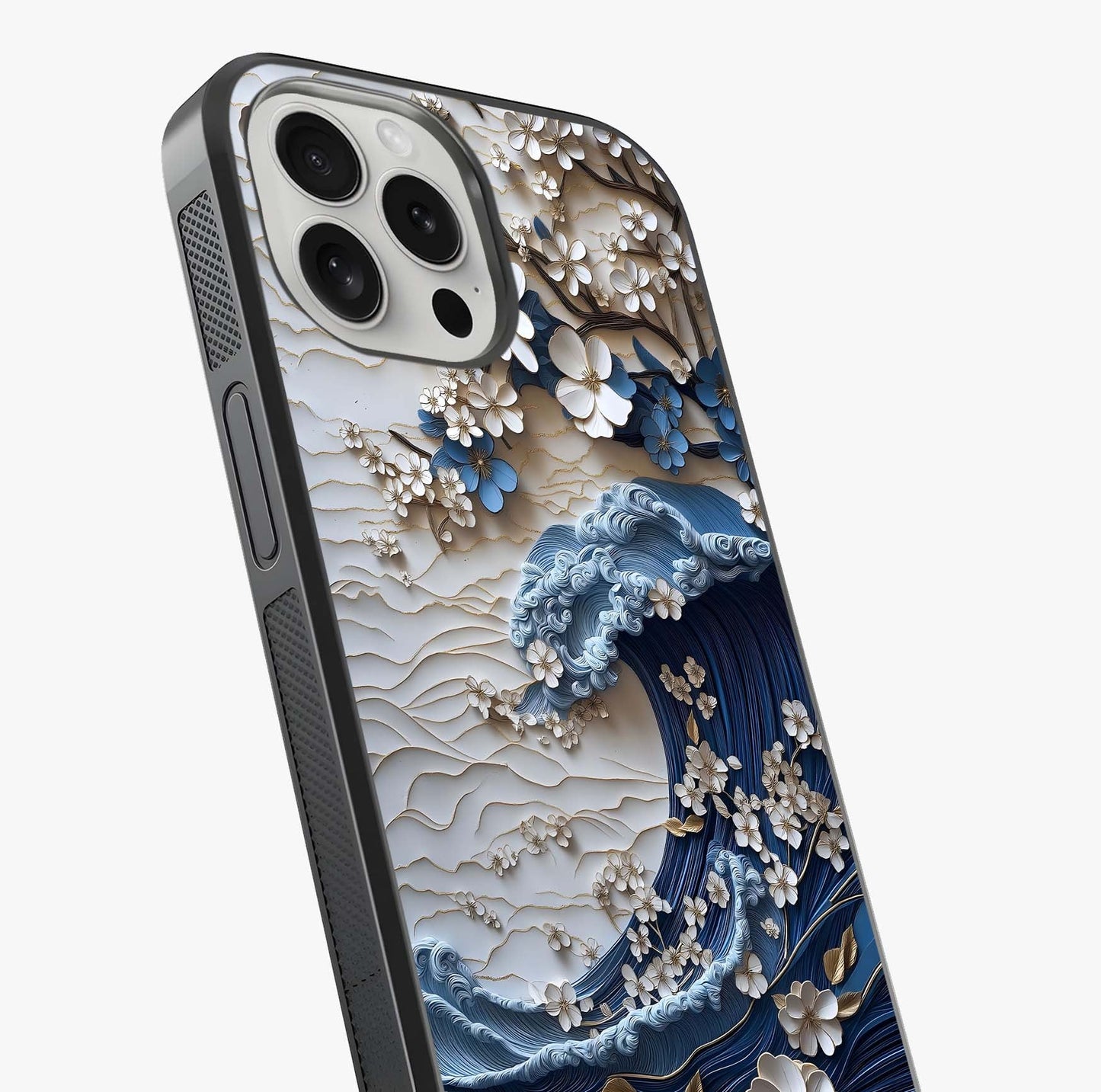 Floral Wave Origami Glass Case captured at a warm angle highlighting gloss, texture and premium glass finish.