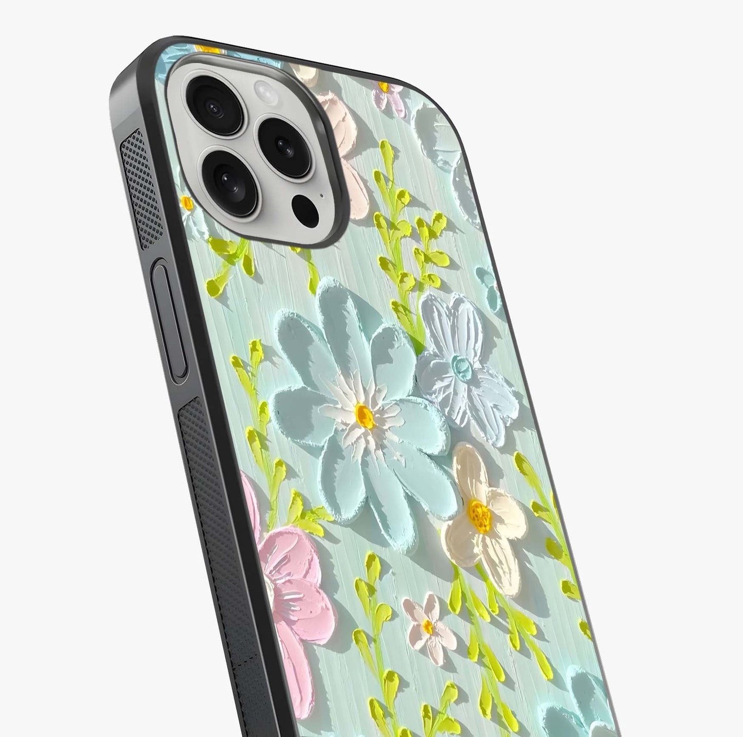 Frosted Petal Garden Glass Case captured at a warm angle highlighting gloss, texture and premium glass finish.