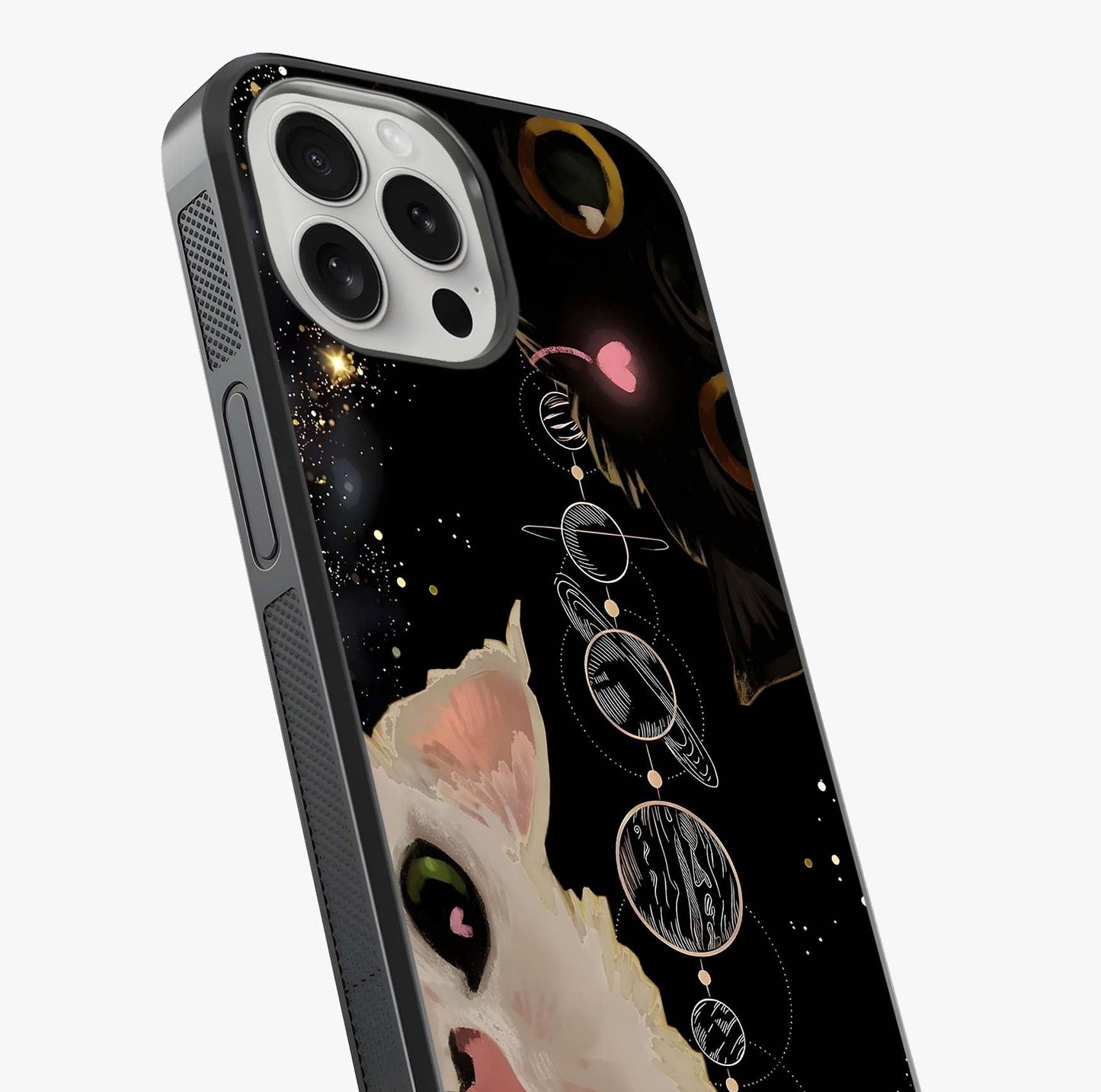 Galactic Cat Glass Case captured at a warm angle highlighting gloss, texture and premium glass finish.