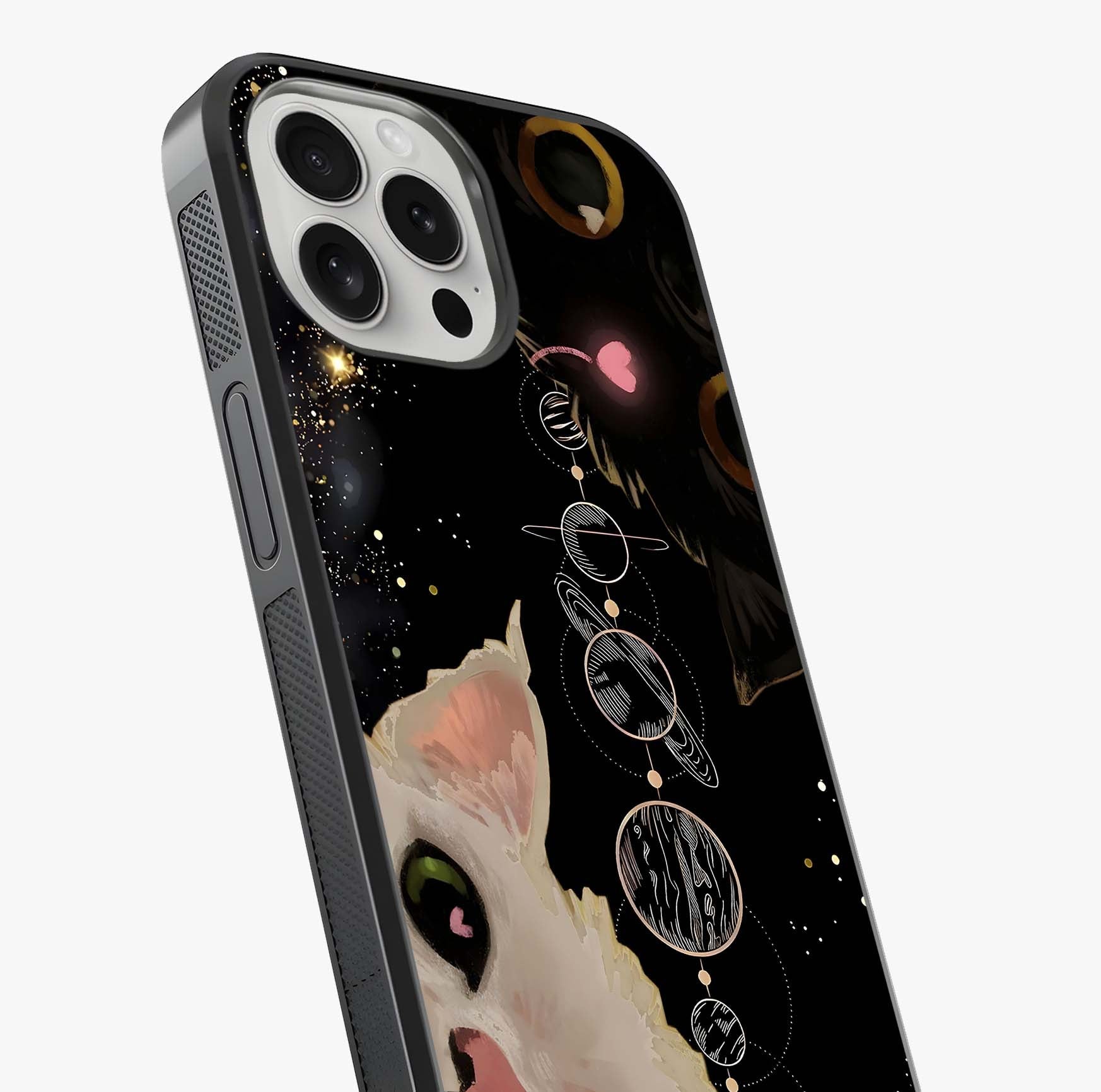 Galactic Cat Glass Case captured at a warm angle highlighting gloss, texture and premium glass finish.