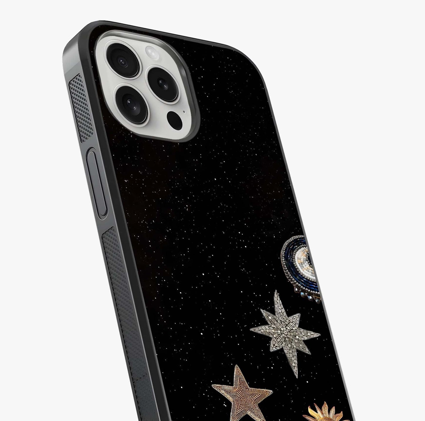 Galactic Charm Glow Glass Case captured at a warm angle highlighting gloss, texture and premium glass finish.
