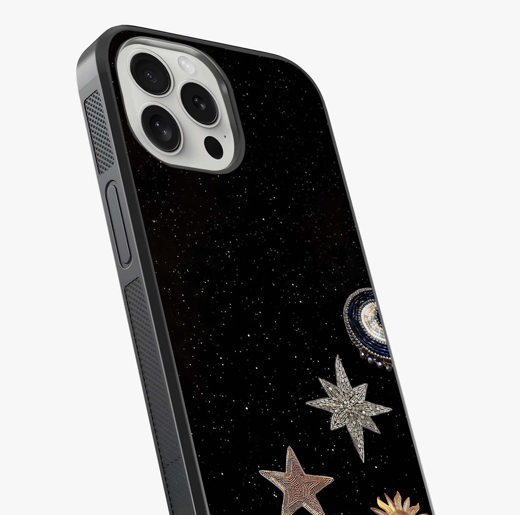Galactic Charm Glow Glass Case captured at a warm angle highlighting gloss, texture and premium glass finish.