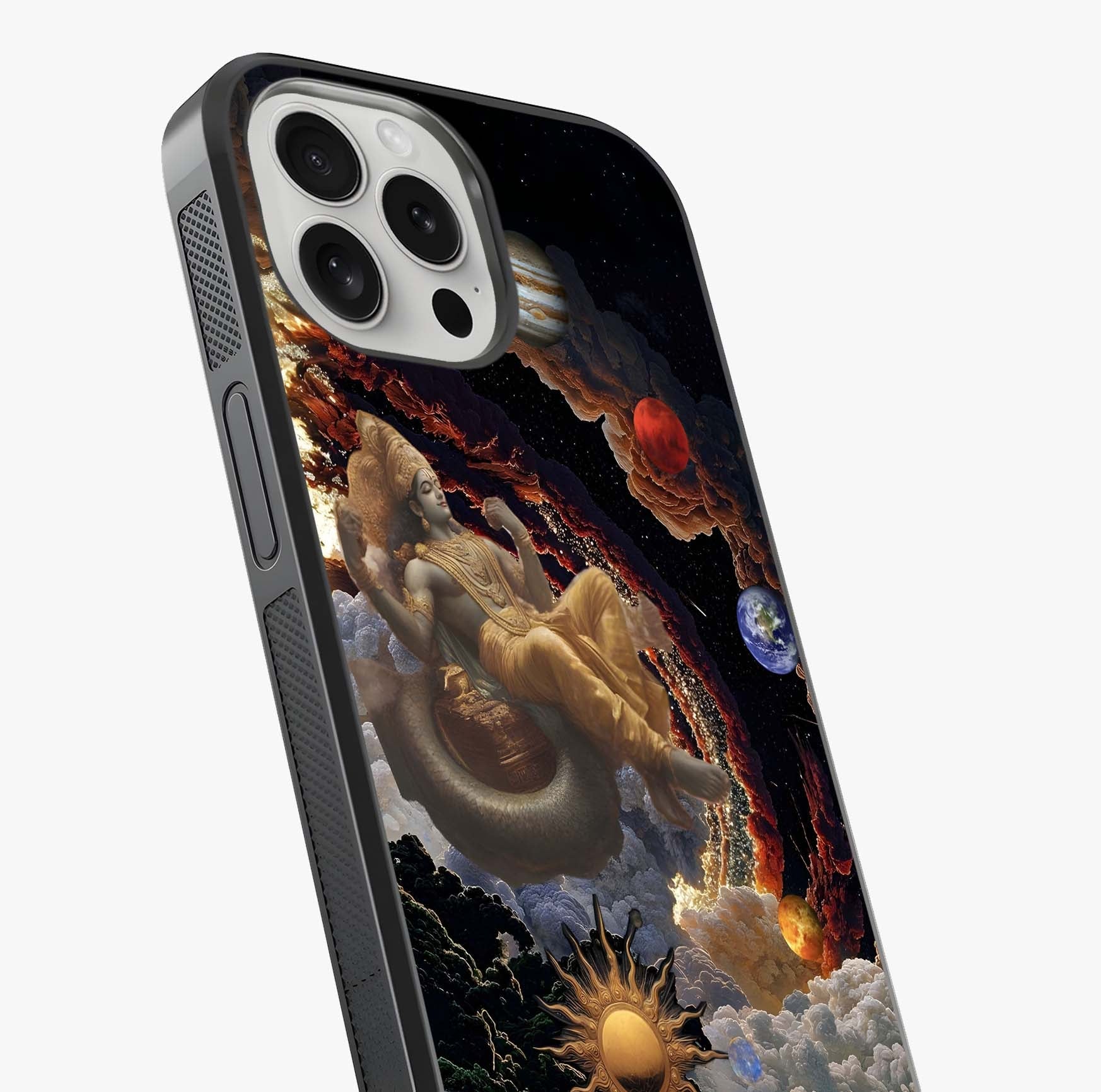 Galactic Divine God Glass Case captured at a warm angle highlighting gloss, texture and premium glass finish.