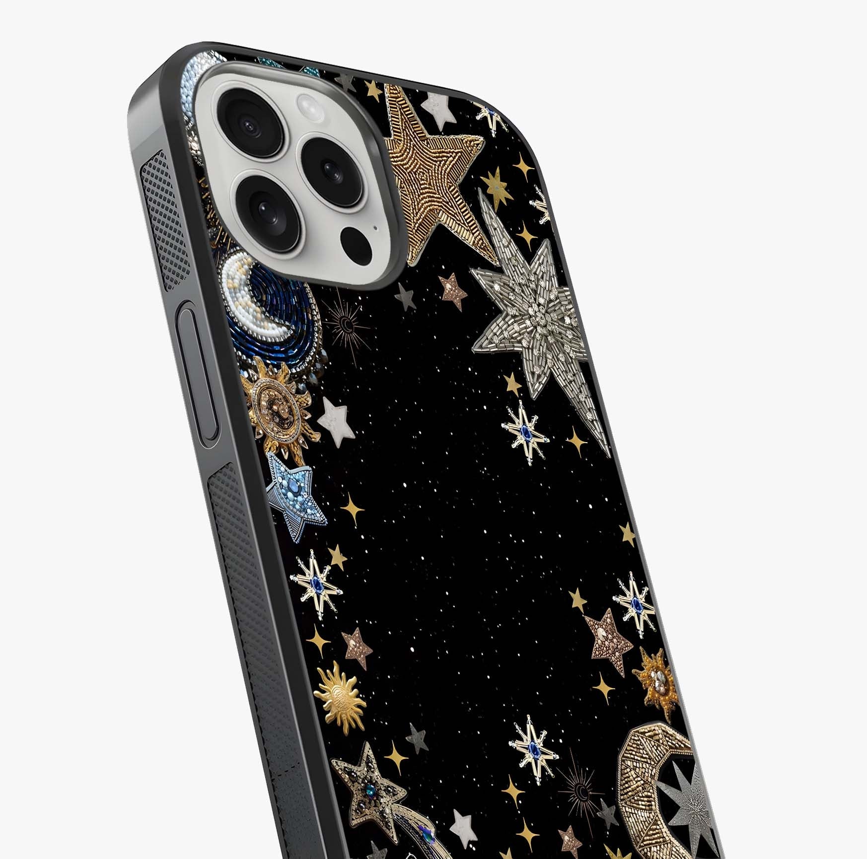Galactic Jewel Stars Glass Case captured at a warm angle highlighting gloss, texture and premium glass finish.