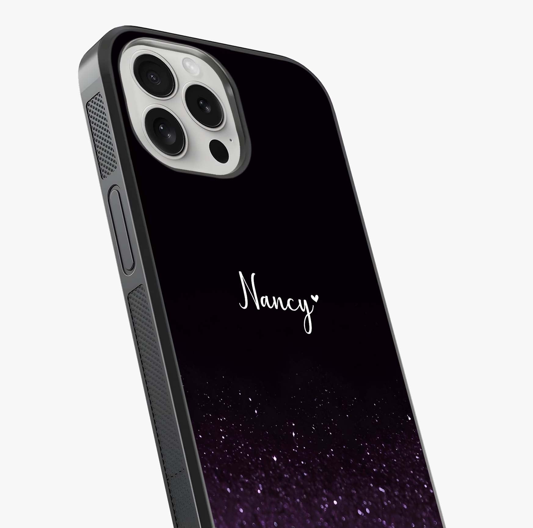 Glittery Purple Bokeh Custom Name Glass Case captured at a warm angle highlighting gloss, texture and premium glass finish.