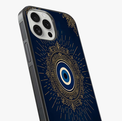 Golden Evil Eye Mandala Glass Case captured at a warm angle highlighting gloss, texture and premium glass finish.