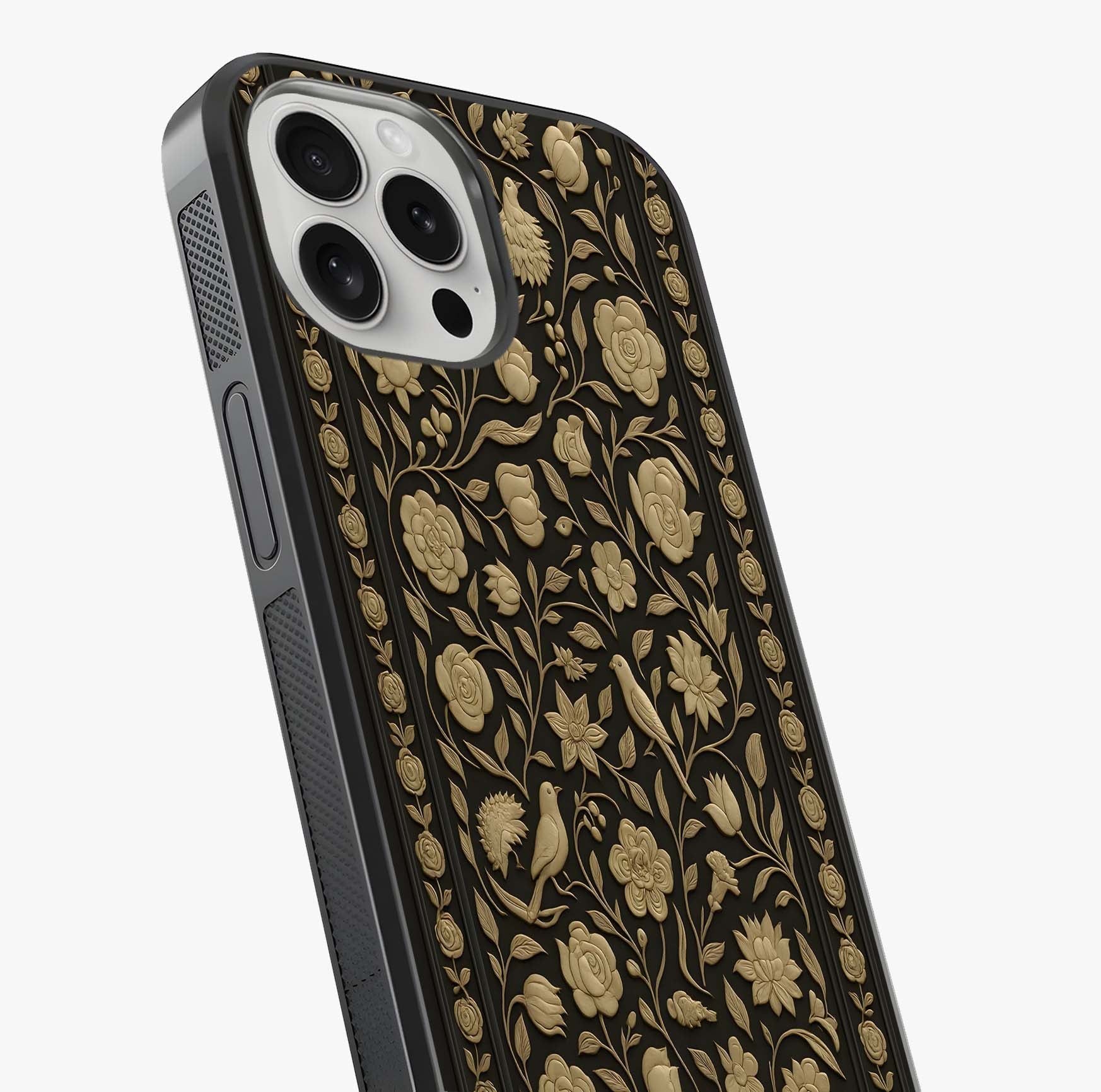 Golden Floral Majesty Glass Case captured at a warm angle highlighting gloss, texture and premium glass finish.