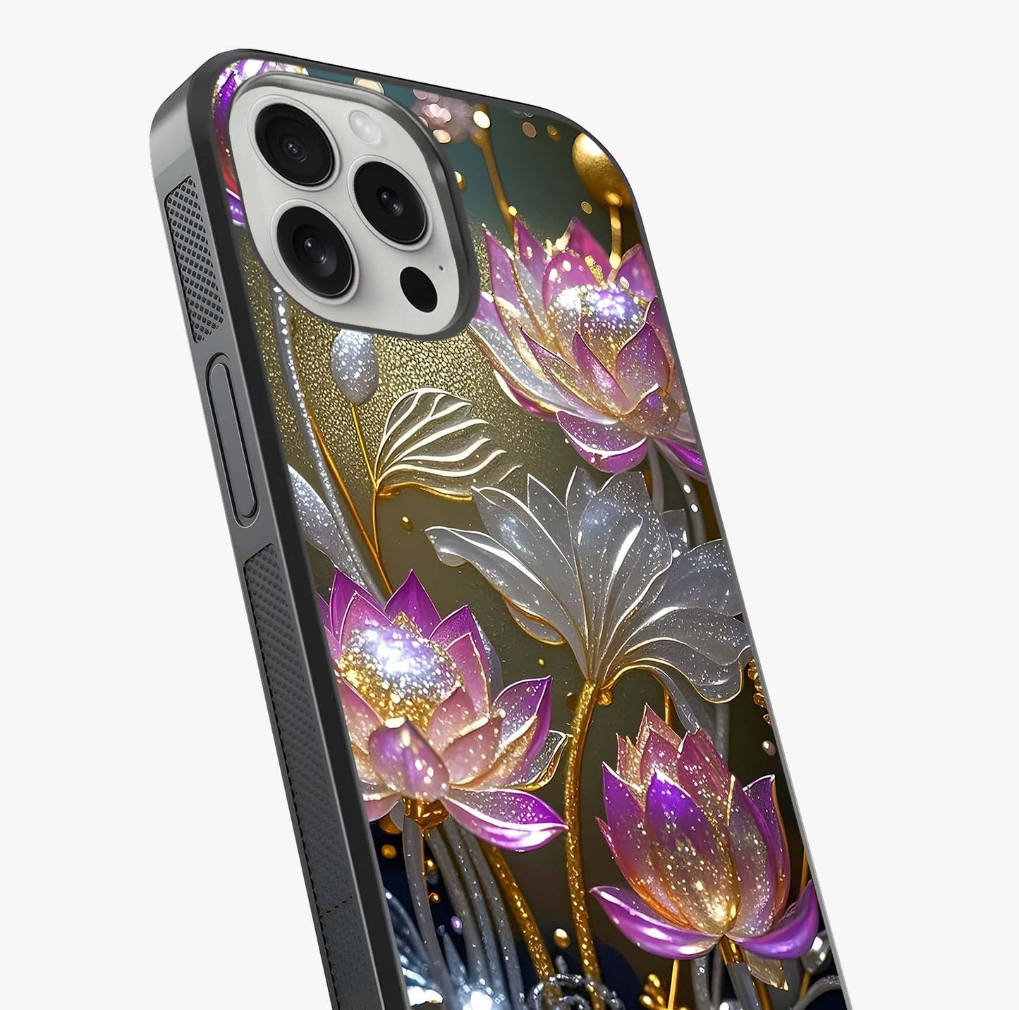 Golden Lotus Glow Glass Case captured at a warm angle highlighting gloss, texture and premium glass finish.