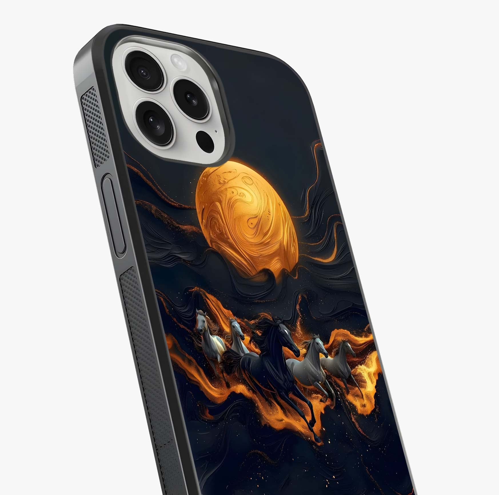 Golden Stallion Moonride Glass Case captured at a warm angle highlighting gloss, texture and premium glass finish.