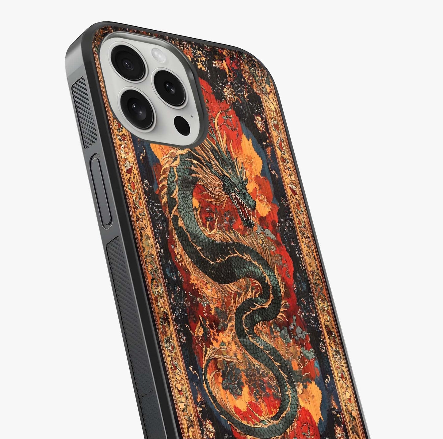 Inferno Dragon Soul Glass Case captured at a warm angle highlighting gloss, texture and premium glass finish.