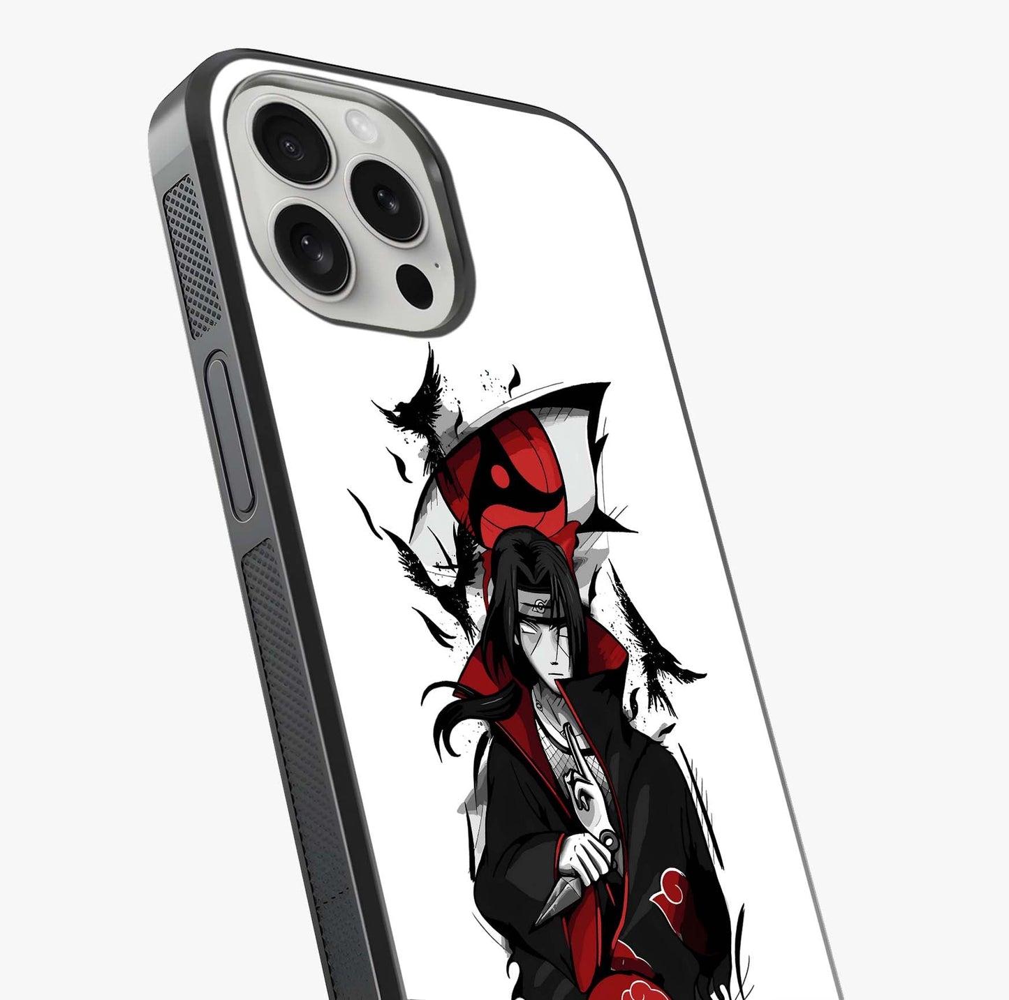 Itachi Sharingan Glass Case captured at a warm angle highlighting gloss, texture and premium glass finish.