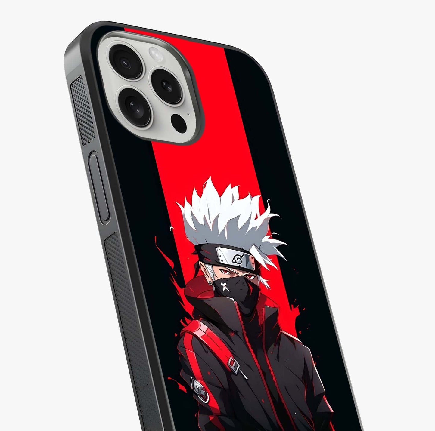 Kakashi Scarlet Shadow Glass Case captured at a warm angle highlighting gloss, texture and premium glass finish.