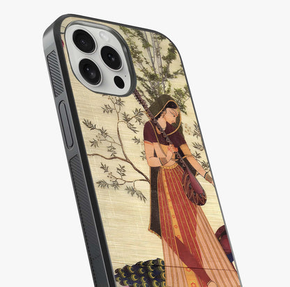 Lady With Veena Art Glass Case captured at a warm angle highlighting gloss, texture and premium glass finish.