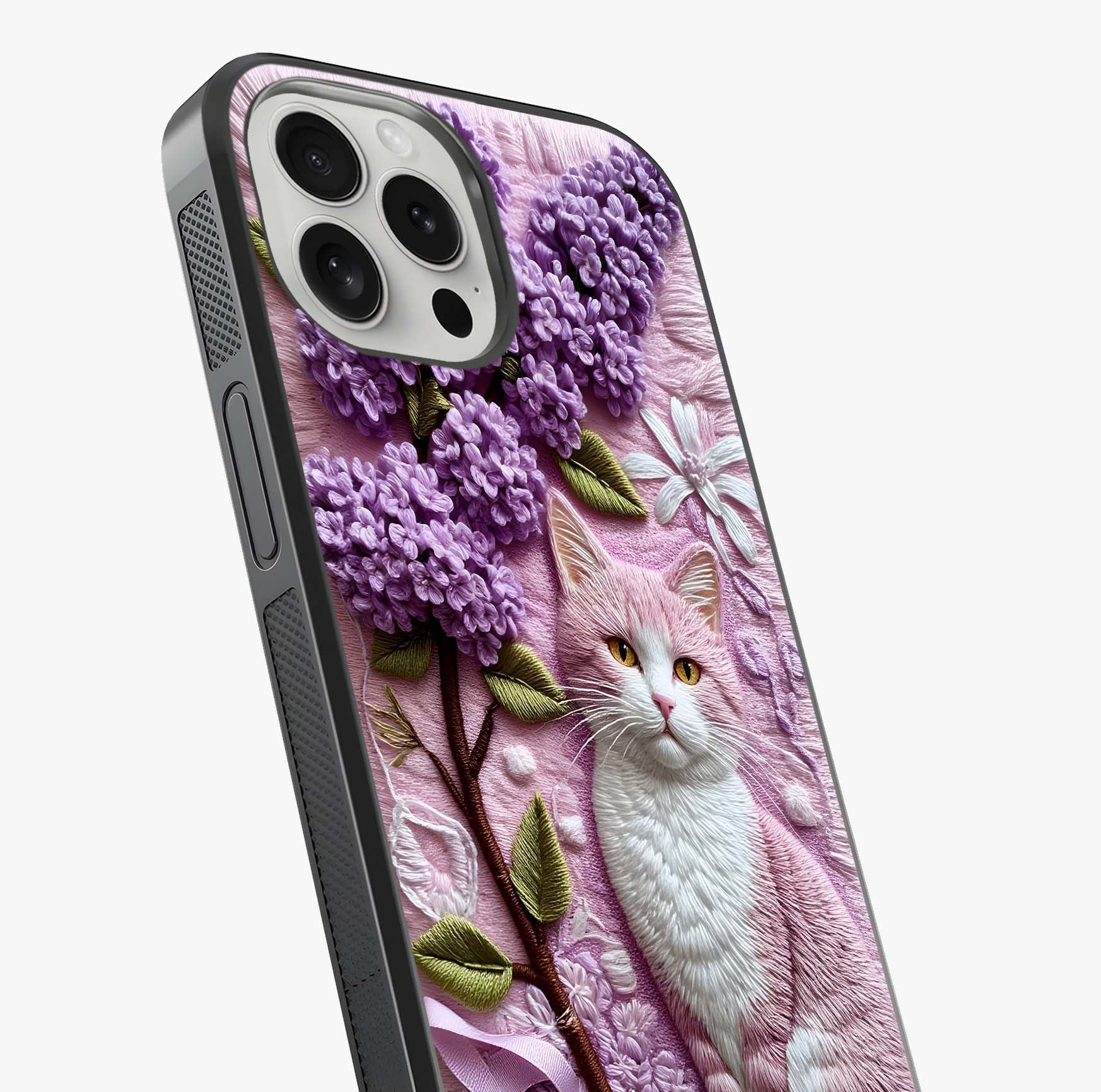 Lavender Cat Whimsy Glass Case captured at a warm angle highlighting gloss, texture and premium glass finish.